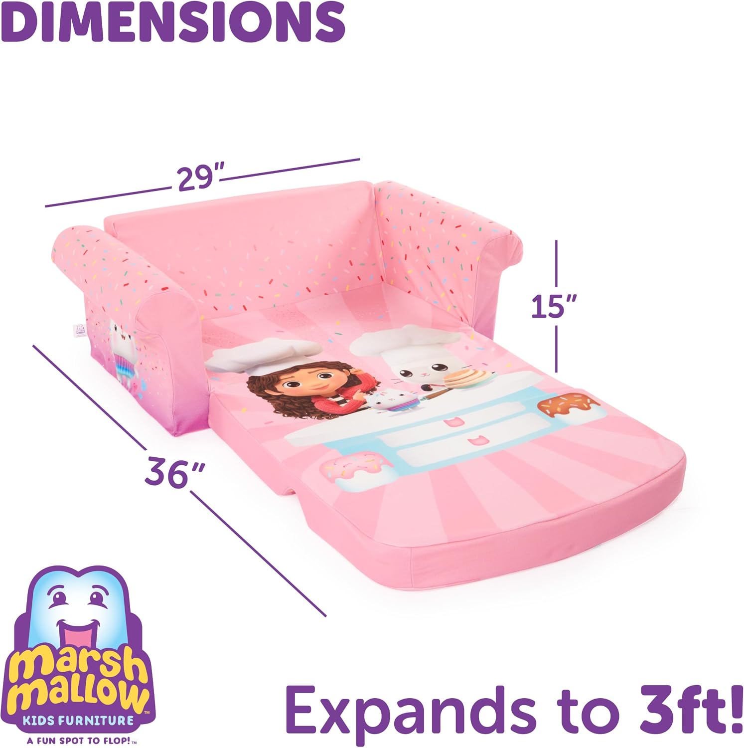 Marshmallow Furniture, Children's 2 in 1 Flip Open Foam Sofa, Minnie Mouse, by Spin Master | Pullout Foam Sleeper for Folding Lounging, Sitting, and Napping for Toddlers & Kids, Bedroom and Playroom Use