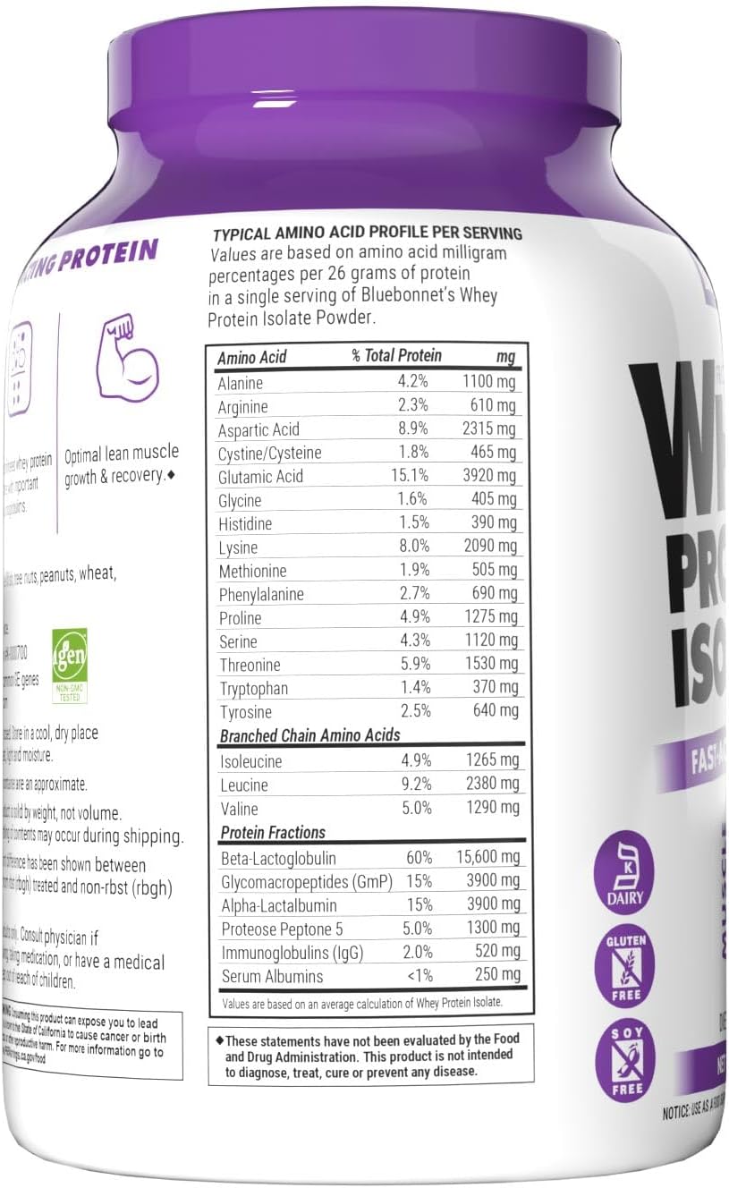 Bluebonnet Nutrition Whey Protein Isolate Powder, Whey from Grass Fed Cows, 26 Grams of Protein, No Sugar Added, Gluten Free, Soy Free, Kosher Dairy, 2.2 lbs, 32 Servings, Original Unflavored | Kosher