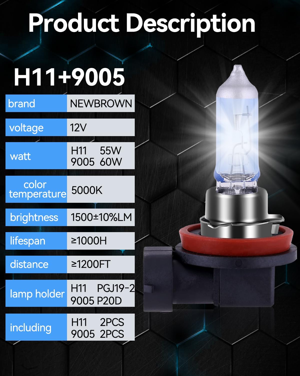 NEWBROWN H11 Headlight Bulb Halogen 5000K Super White Light Long Life Replacement PGJ19-2 12V/55W (H11, 2 Pack)