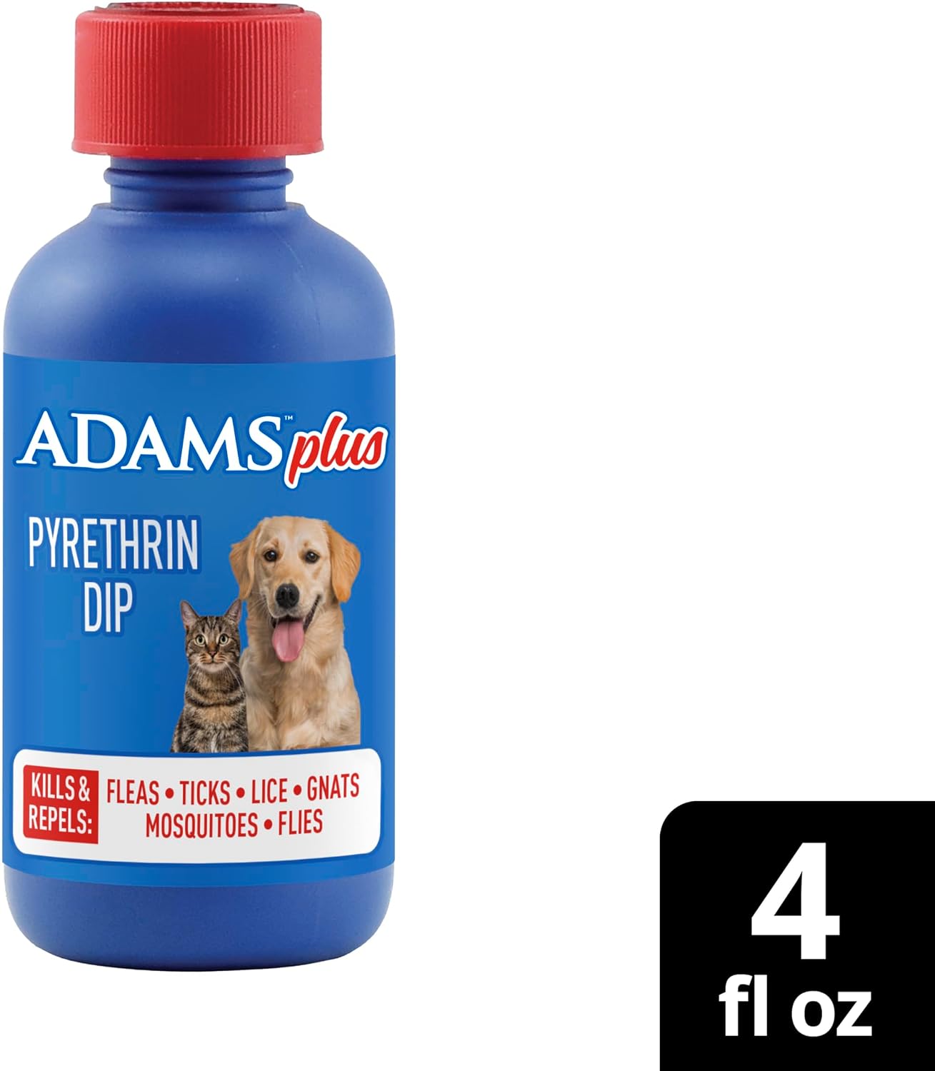 ADAMS Plus Pyrethrin Flea Dip For Dogs and Cats, Kills & Repels Ticks, Lice, Gnats, Mosquitoes, Fleas & Flies, For dogs, cats, puppies, and kittens, 4 Fl oz