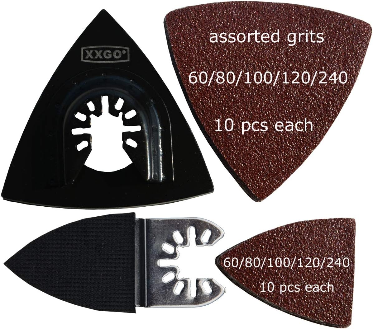 XXGO 55 Pcs 80mm 3-1/8 Inch Triangular Oscillating Multi Tool Sanding Pads | Assorted Grit , Hook & Loop Design , Strong Velcro , Best for Metal Wood Sanding