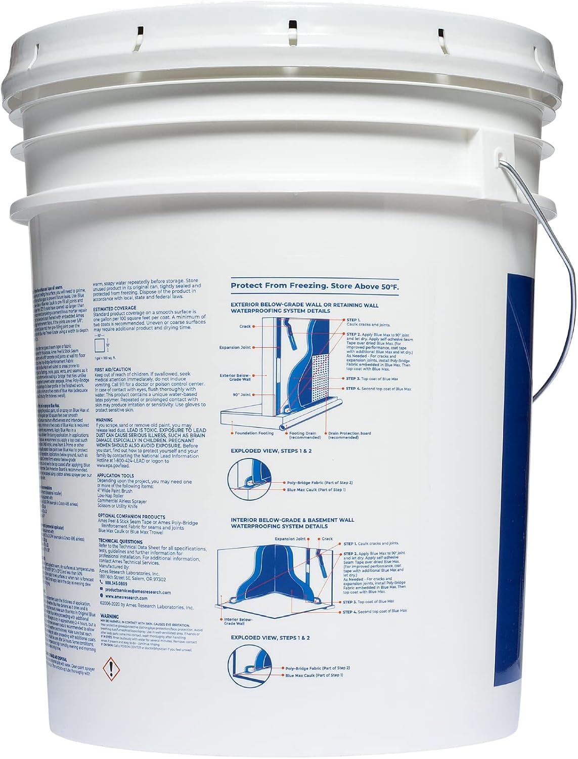 Ames Research Laboratories BMX5RG Blue MAX Waterproofer, Regular Use in Interior & Below-Grade Exterior Concrete Sealer and More. Liquid Rubber, 5 Gallon (Pack of 1), 640 Fl Oz | Ideal for waterproofing above & below grade foundations, basements, roofs,…