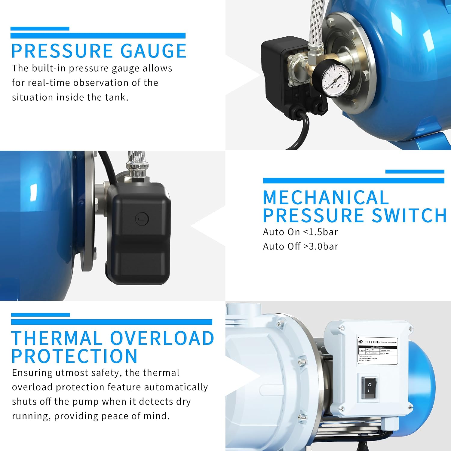 FOTING 1.5HP Shallow Well Pump w/Pressure Tank, 1340GPH Jet Pumps Garden Pump, Water Transfer Draining Irrigation Pumps