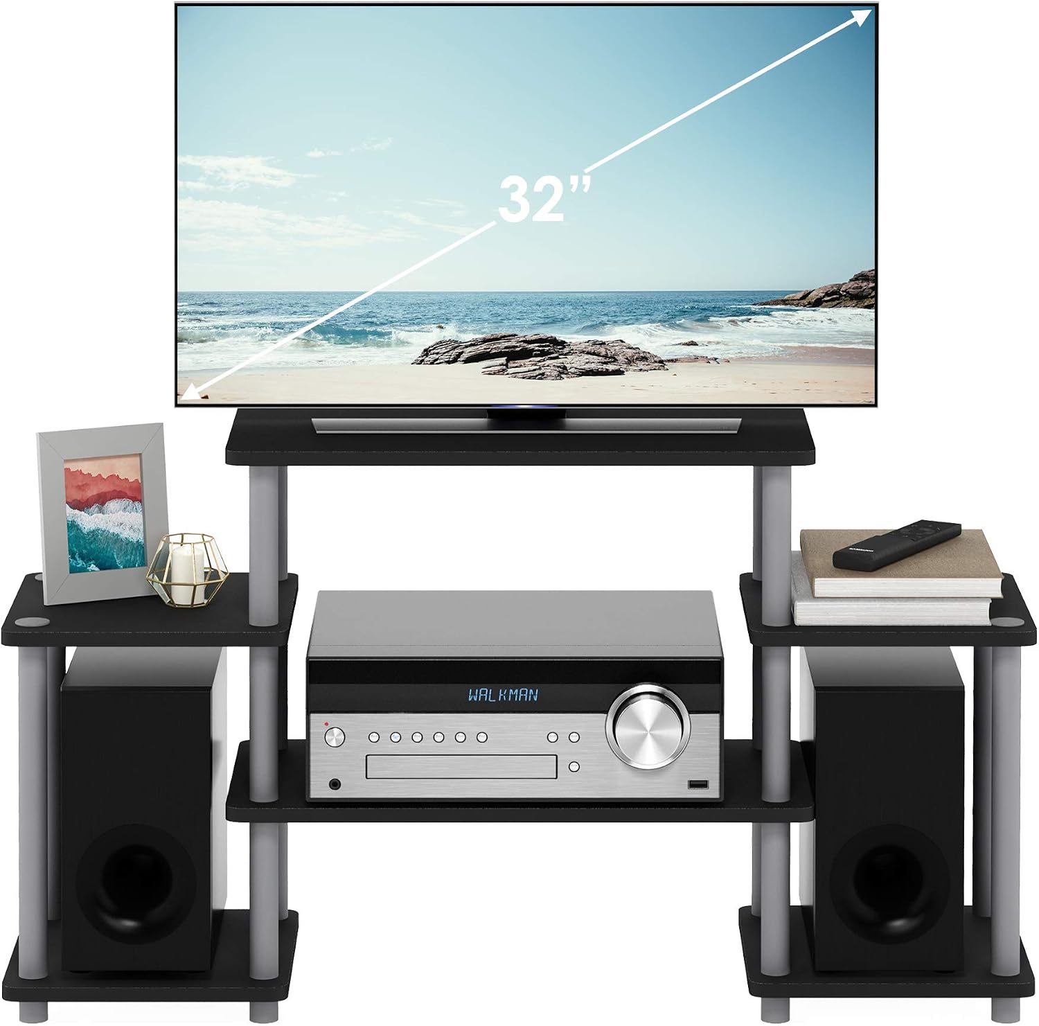 Furinno Turn-N-Tube No Tools Entertainment Center, Round Square Corner, French Oak Grey/Black | Raised Top, Open Shelves TV Console with for TV up to 32 Inch, for Living Room, Bedroom