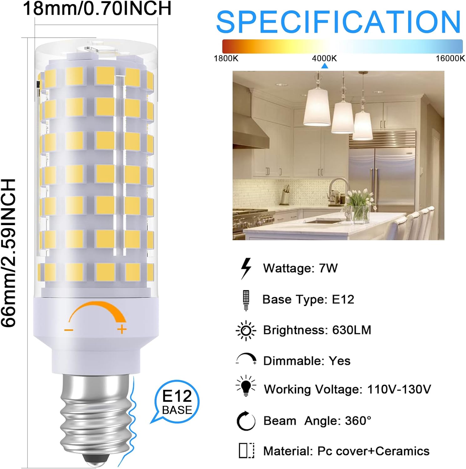 E12 LED Bulb Dimmable 7W Equivalent to 60W Halogen Bulb, Warm White 3000K T6 C7 E12 Candelabra Bulb 60 Watt for Ceiling Fan, Chandelier Lighting, AC120V Kx-2000 Bulbrite Replacement (6 Pack)