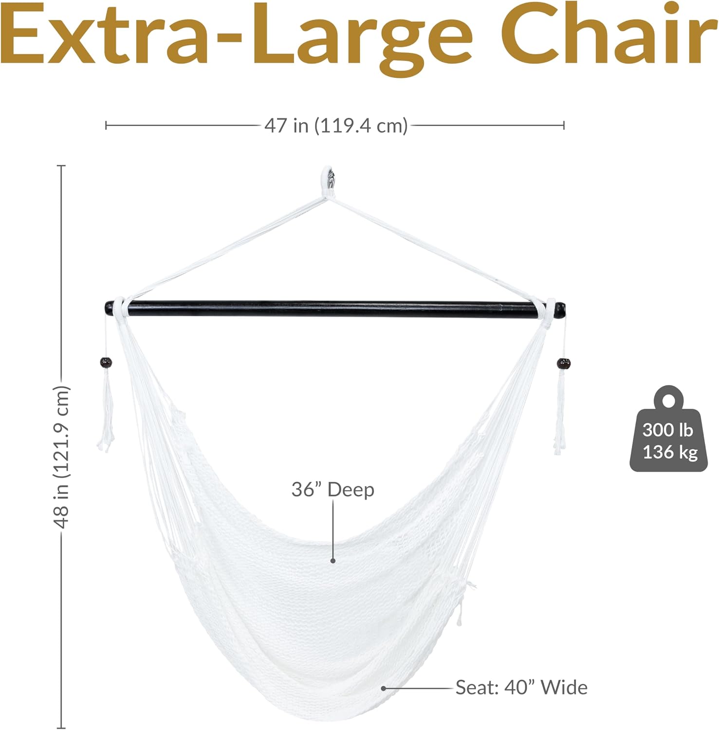 Sunnydaze Hanging Hammock Chair Swing for Patio, Caribbean, Tan | 300 lb Capacity, Wooden Spreader Bar, Woven Polyester, Hang From a Tree, Hammock Chair Stand, or Ceiling, Hammock Swing Chair