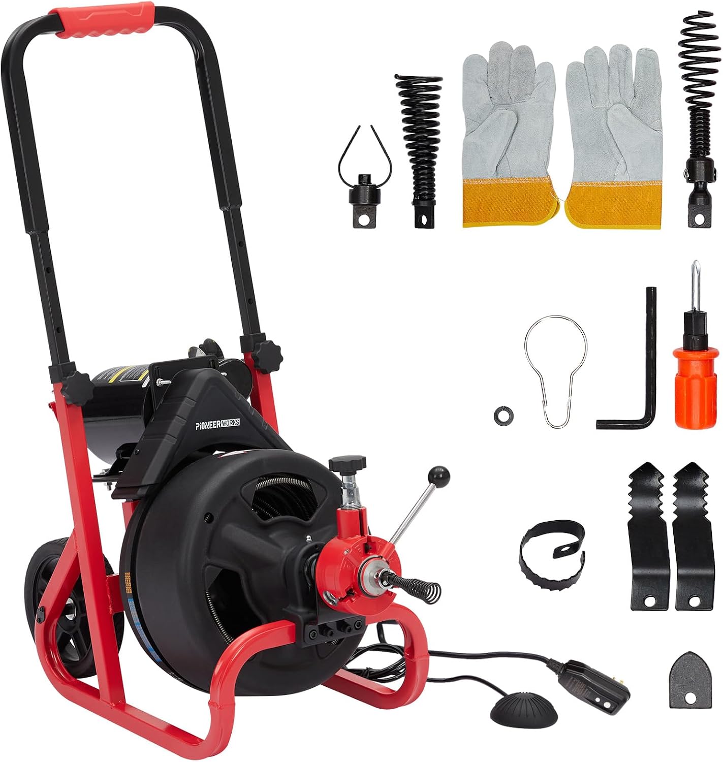 100Ft x 3/8 Inch Drain Cleaner Machine, 370w Electric Drain Auger Machine with Auto-Feed & 6 Cutters, Sewer Snake Auger with Wheels