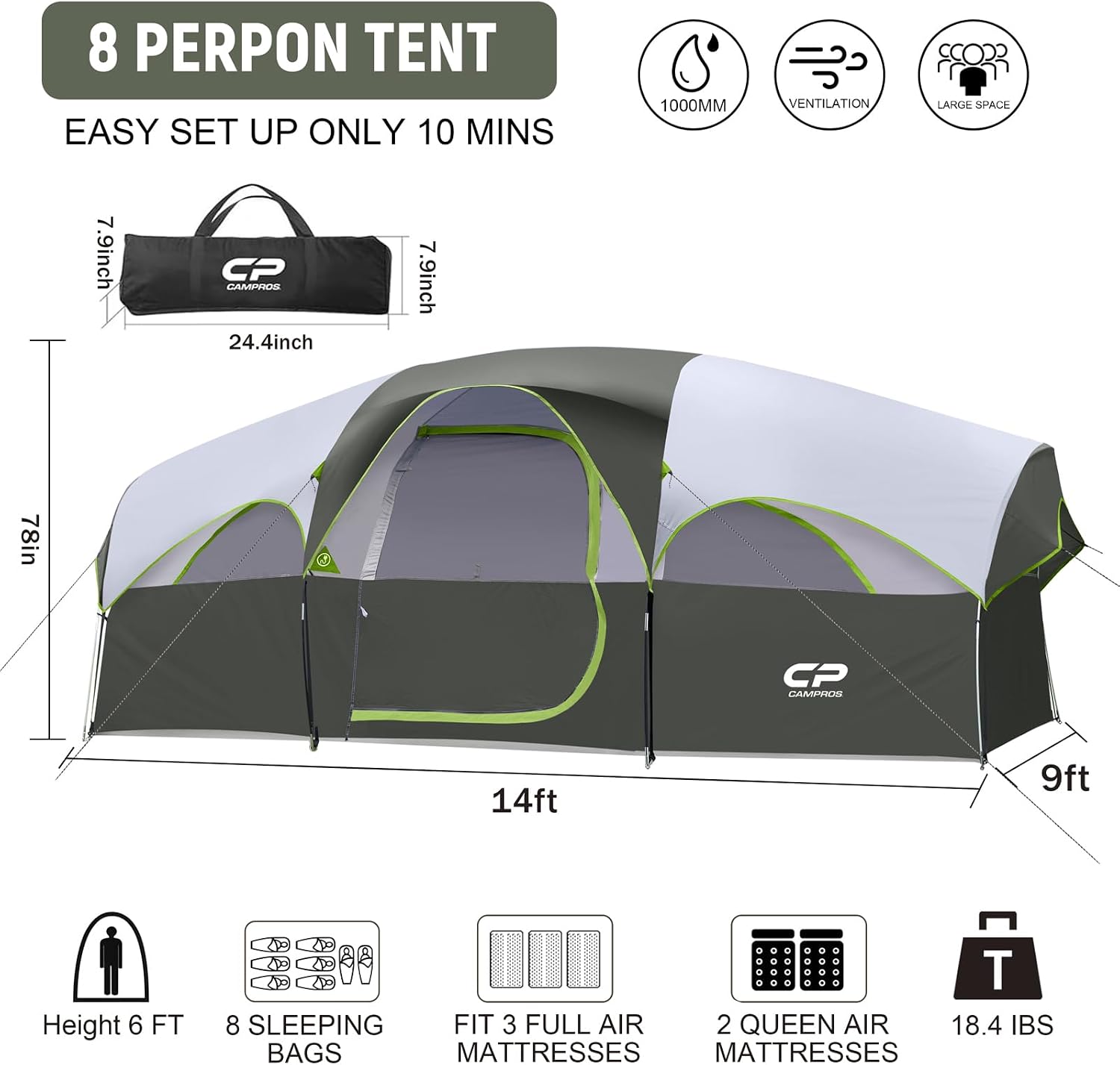 CAMPROS CP 8 Person Camping Tent, Room Divider, Rainfly, Weather Resistant