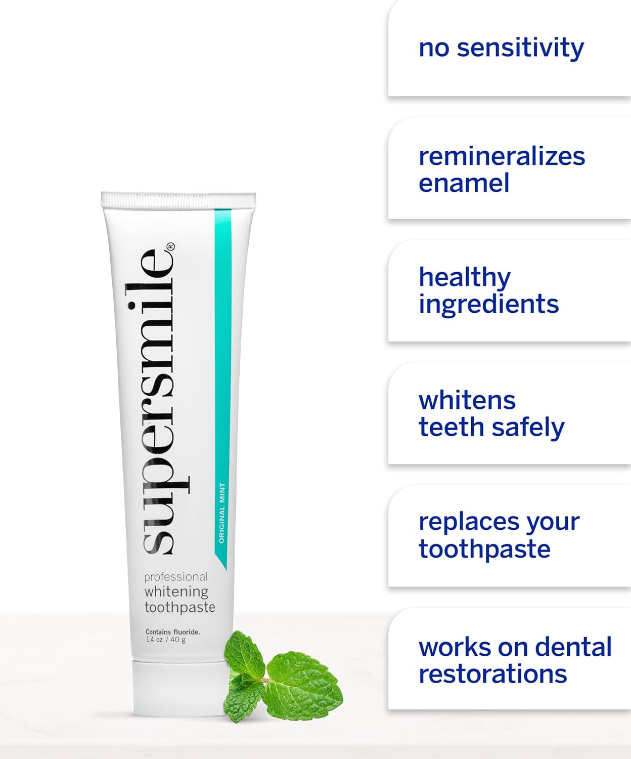 Supersmile Original Mint Whitening Toothpaste, 1.4 Oz, TSA Travel | Calprox® + Fluoride Travel Toothpaste, Whitens 3 Shades After 1 Day, Signature Wild Mint Flavor, Veneer Safe, RDA 65