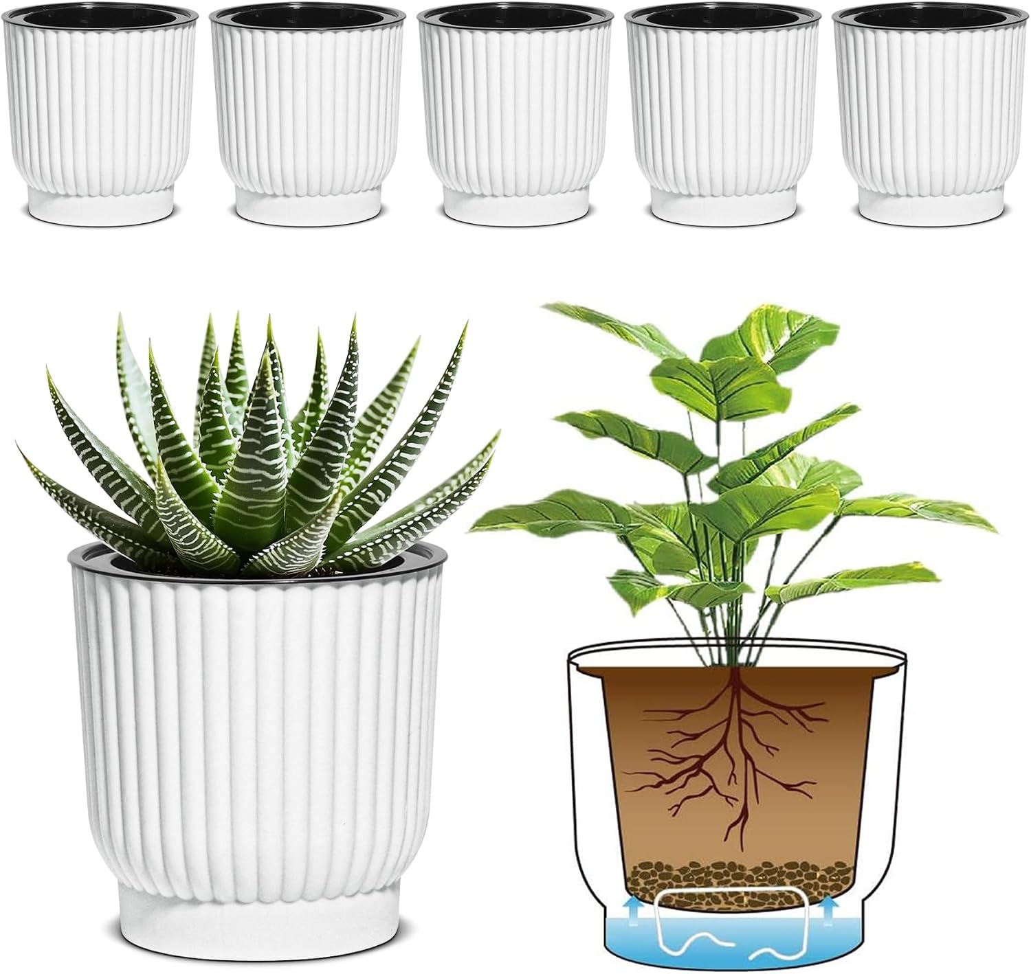 T4U Self Watering Pots for Indoor Plants, 4 Inch 6 Pack Planter White