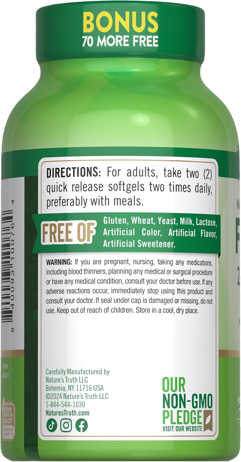 Nature's Truth Fish Oil 2000 mg | 600 mg Omega 3 | 250 Softgels | Natural Lemon Flavor | Non-GMO and Gluten Free Supplement | Natural Lemon Flavor