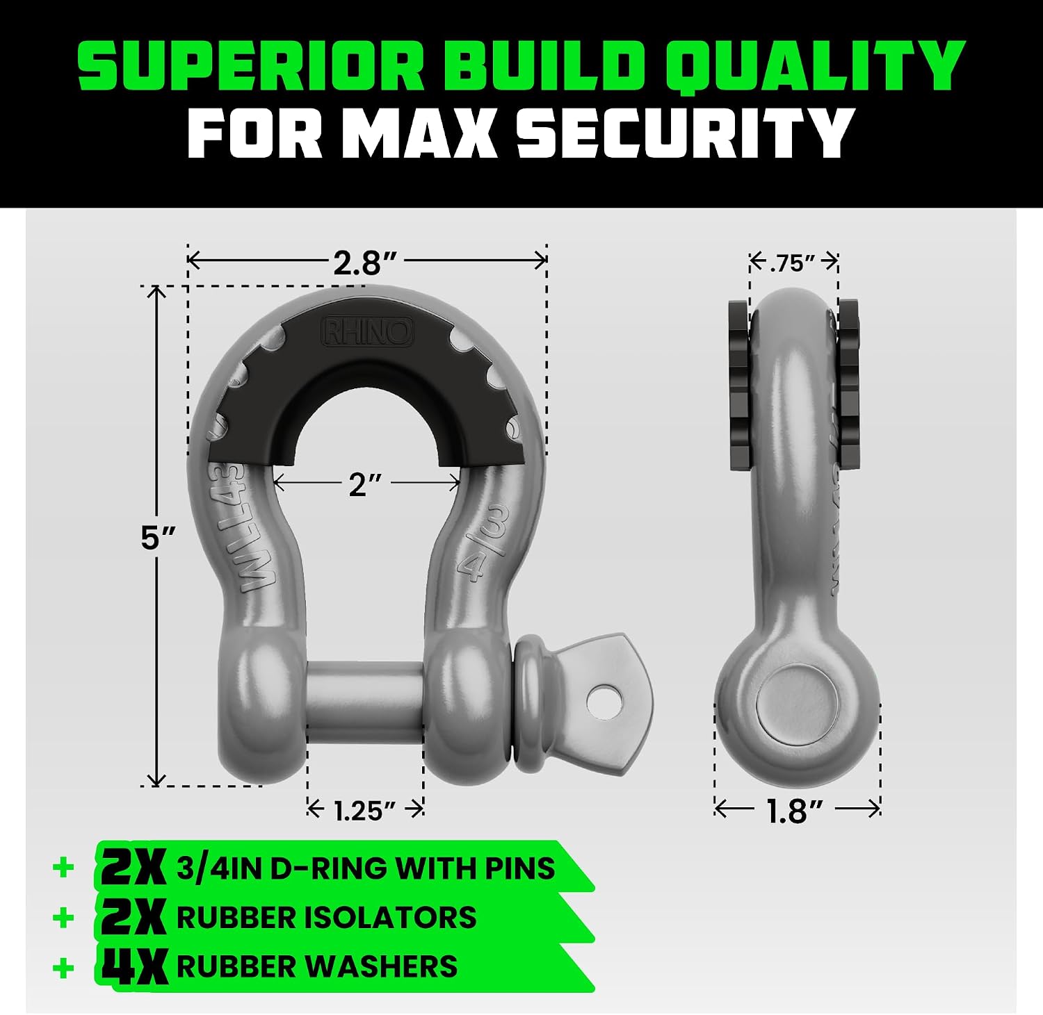 Rhino USA D Ring Shackles (2-Pack) - 41,850lb Break Strength