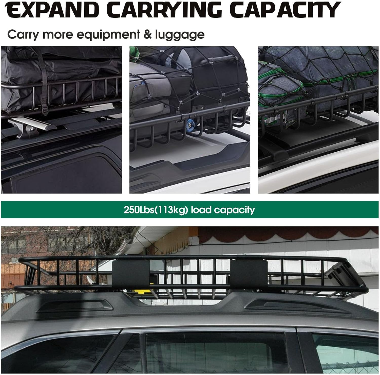 FORWODE 250LBS Universal Roof Rack Basket, 64"x39"x6" Rooftop Cargo Carrier Rack + Waterproof Cargo Bag 15 Cubic Feet(43"x34"x17")