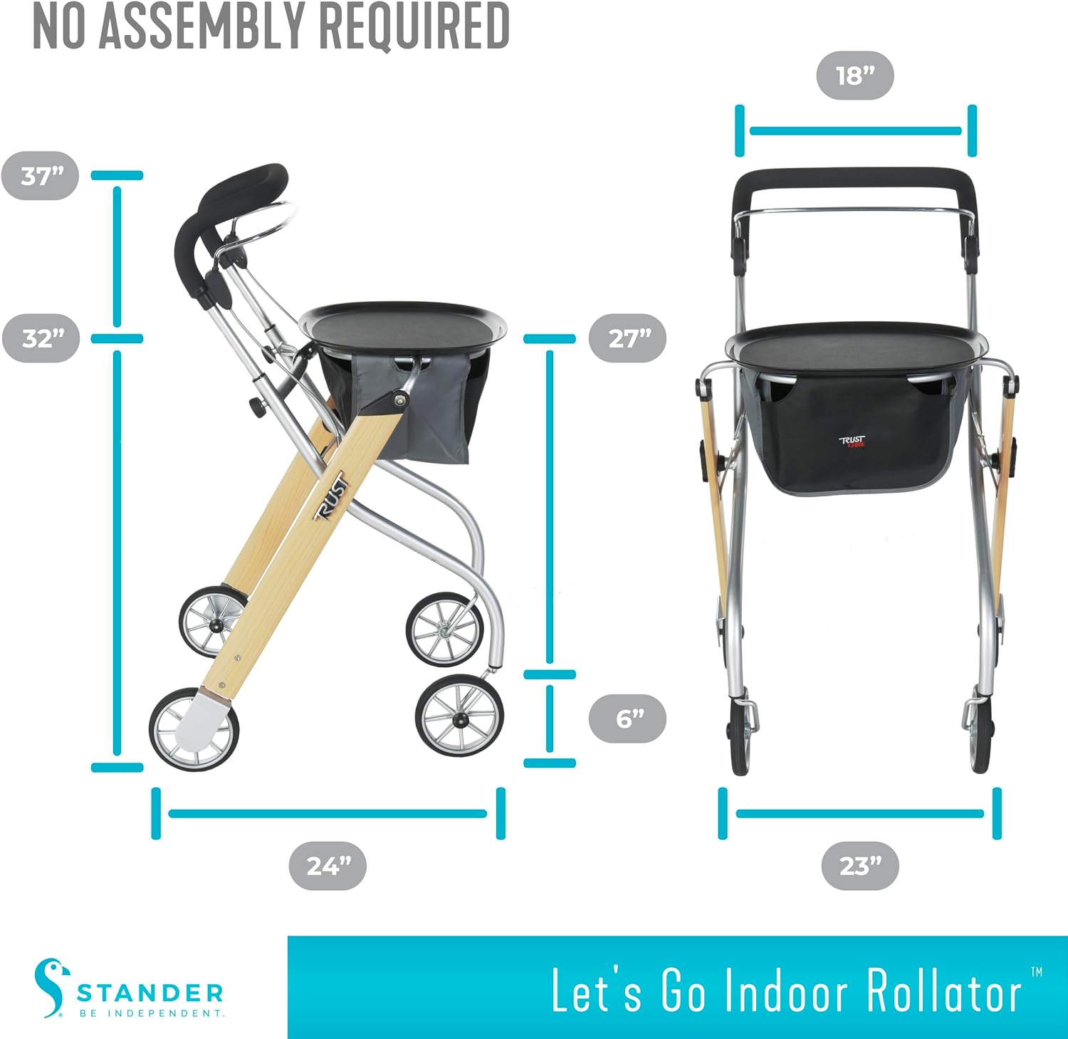 Stander Let’s Go Indoor Rollator, Lightweight Four Wheel Euro Style Walker with Tray, Folding Mobility Aid for Seniors by Trust Care, Silver