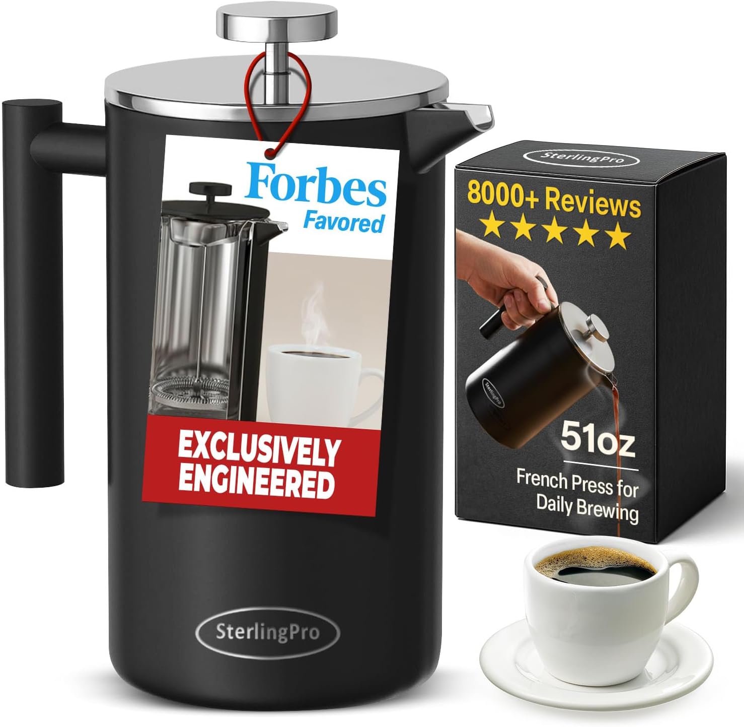 SterlingPro Large Insulated Stainless Steel French Press Coffee Maker 51oz Capacity (44 oz Brew Yield) – Double Wall Metal Coffee Press | Plastic Free | Cool-Touch | Mirror Finish | 12 Cups / 6 Mugs