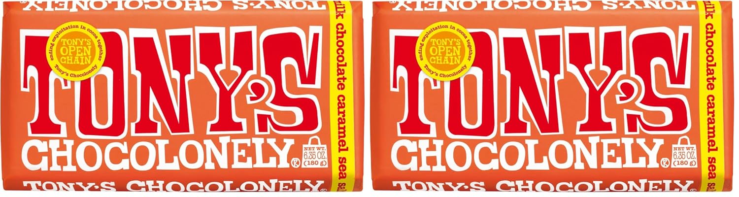 Tony’s Chocolonely 32% Milk Chocolate Caramel Sea Salt Bars, No Artificial Flavoring, Fairtrade & B Corp Certified, 6.35 Ounce (15 Bars)