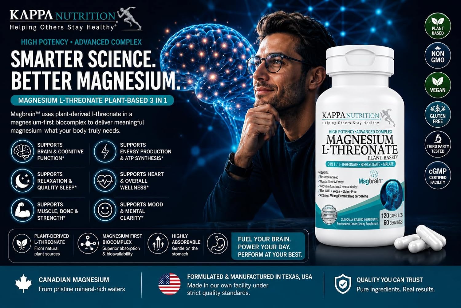 Kappa Nutrition Powered by Magbrain™ Magnesium L-Threonate Plant-Based, 420mg Elemental Magnesium (3 Capsules) from 2, 253mg, 120 Vegan Capsules