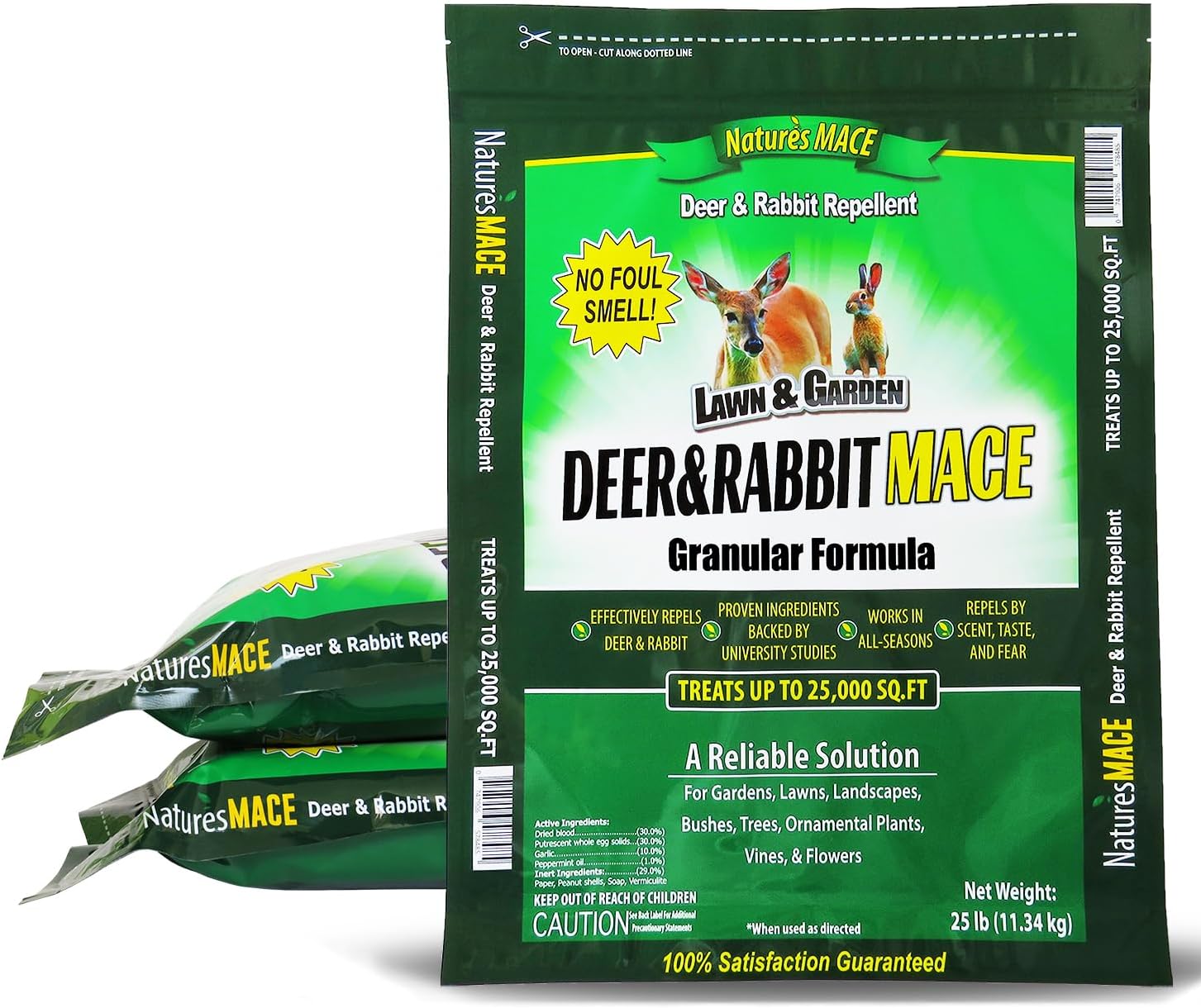 Nature's MACE Deer & Rabbit Repellent 25 lb Granules | Covers 25,000 Sq Ft, Repel Deer from Your Home & Garden, Deterrent, Safe to use Around Children, Plants, Produce.