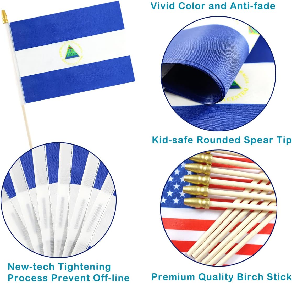 QQSD Nicaragua Small Flag Nicaraguan Stick Mini Hand Held Flags - Solid Wooden Pole with Spear Top, 12 Pack