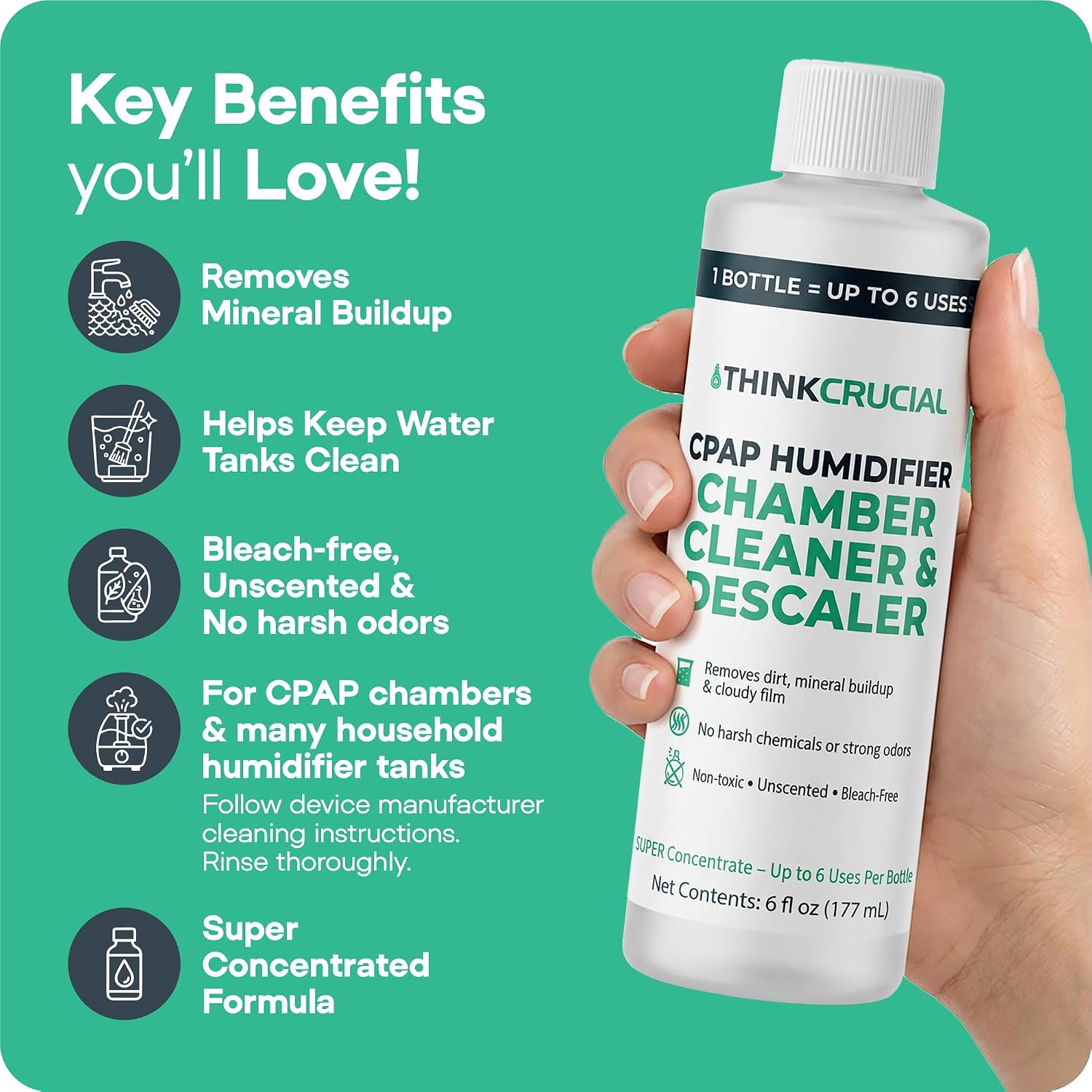 Think Crucial 6x Uses CPAP Cleaner & Descaler for Humidifier Chambers – Super Concentrated Cleaning Descaling Solution for CPAP Water Tanks –