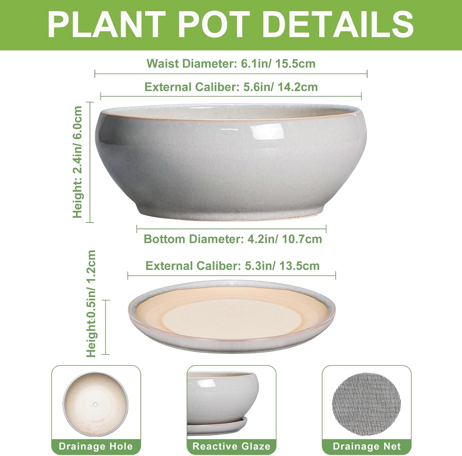SQOWL 7 Inch Round Ceramic Succulent Planter Pot Drip Glazed Shallow Planter with Drainage Bamboo Tray for Indoor Plants