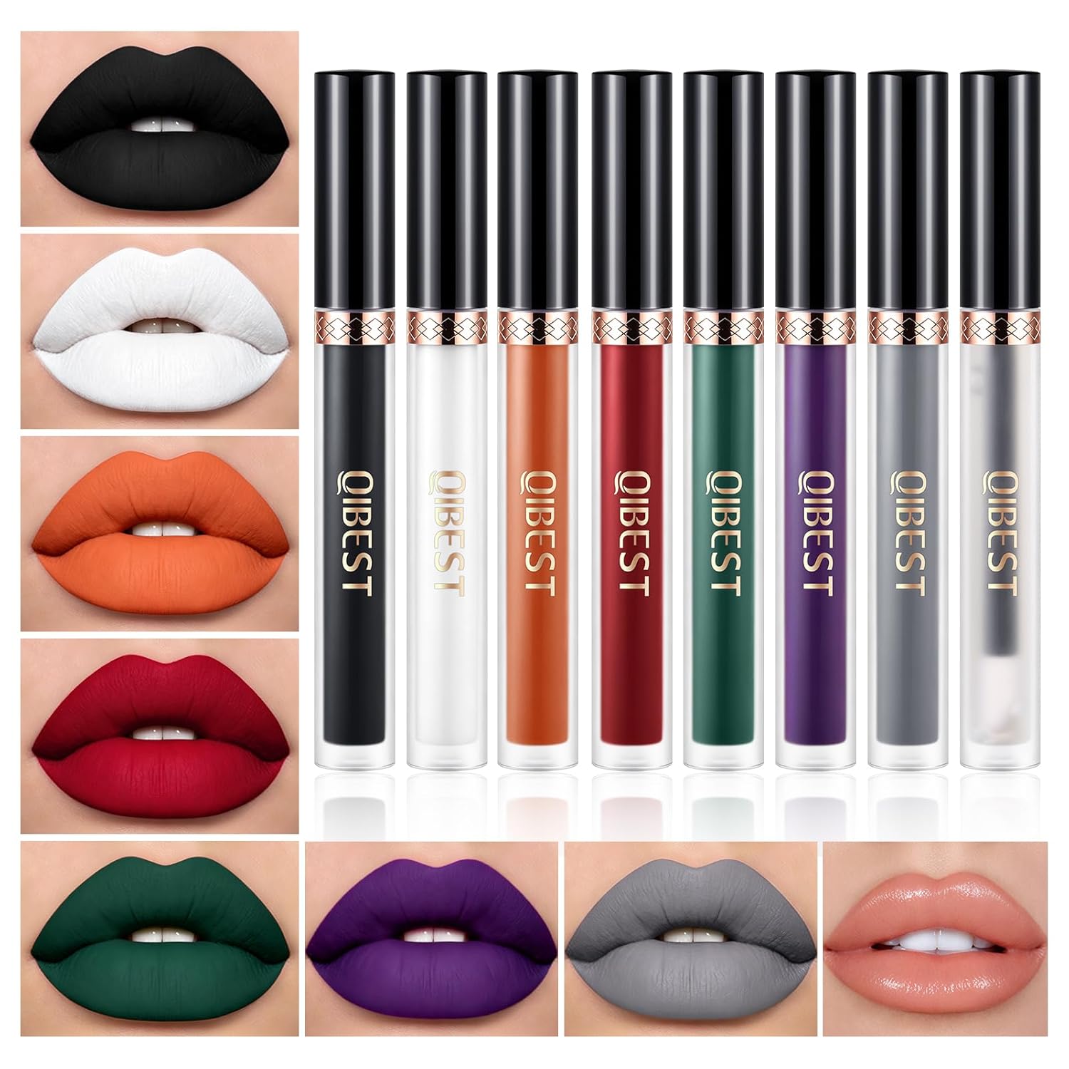 QiBest 7Pcs Matte Liquid Lipstick + 1Pcs Lip Plumper Makeup Set Kit, Pigmented Long Lasting Lip Gloss Set