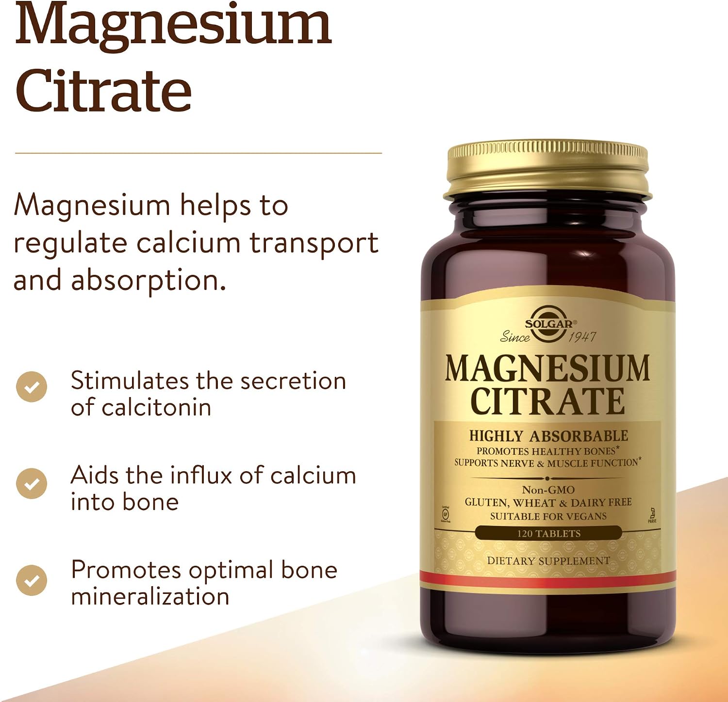 Solgar Magnesium Citrate, 120 Tablets - Promotes Calm, Non-GMO, Gluten Free | Supports Muscle Function and Relaxation, Gluten Free - 120 Tablet Serving