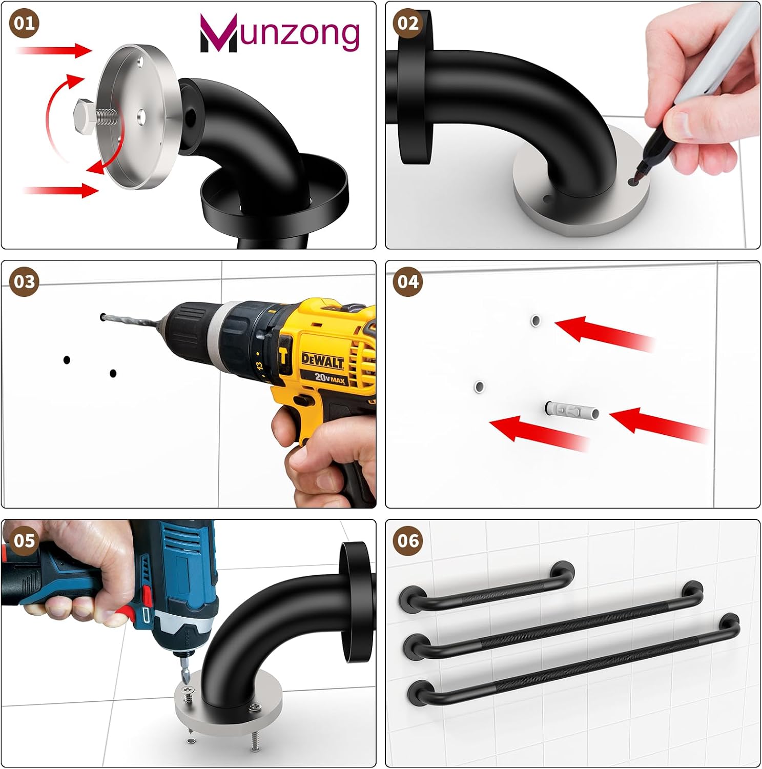 Munzong 3 Pack Commercial Handicap Grab Bars 18" 36" 42" Brushed Nickel | Bathroom Grab Bar for Shower 1.25" Diameter Anti Slip Bathroom Balance Bar Safety Hand Rail for Elderly Injury Senior