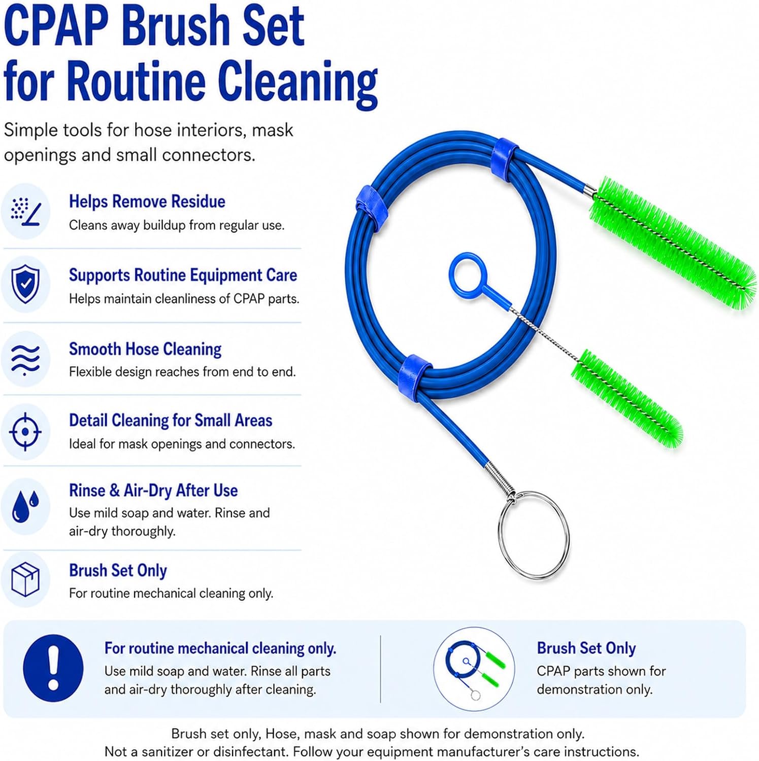 CPAP Cleaning Brush Set, 78.7 in Dual-Ended CPAP Hose Brush for 22 mm & 15 mm Tubing, Tube Cleaning Brush & Hose Cleaner Brush with Detail Brush for Mask
