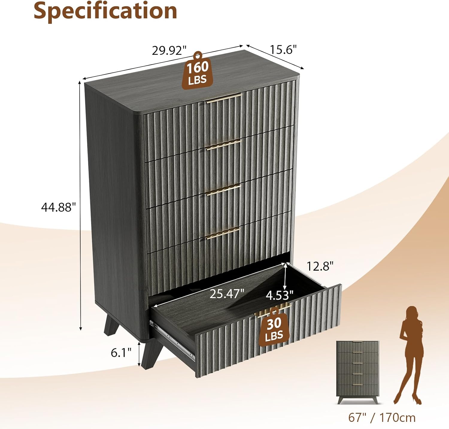 VINGLI Fluted Tall Dresser 5 Drawer, 23.66" W Chest of Drawers Gray Wood Dresser with Rounded Edges, Grey Dressers for Bedroom
