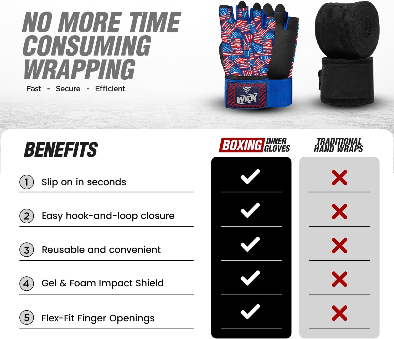 WYOX Neoprene Gel Boxing Hand Wraps Inner Gloves for Men & Women – 80cm/31in Quick Wrist Strap, Padded Knuckle Protection