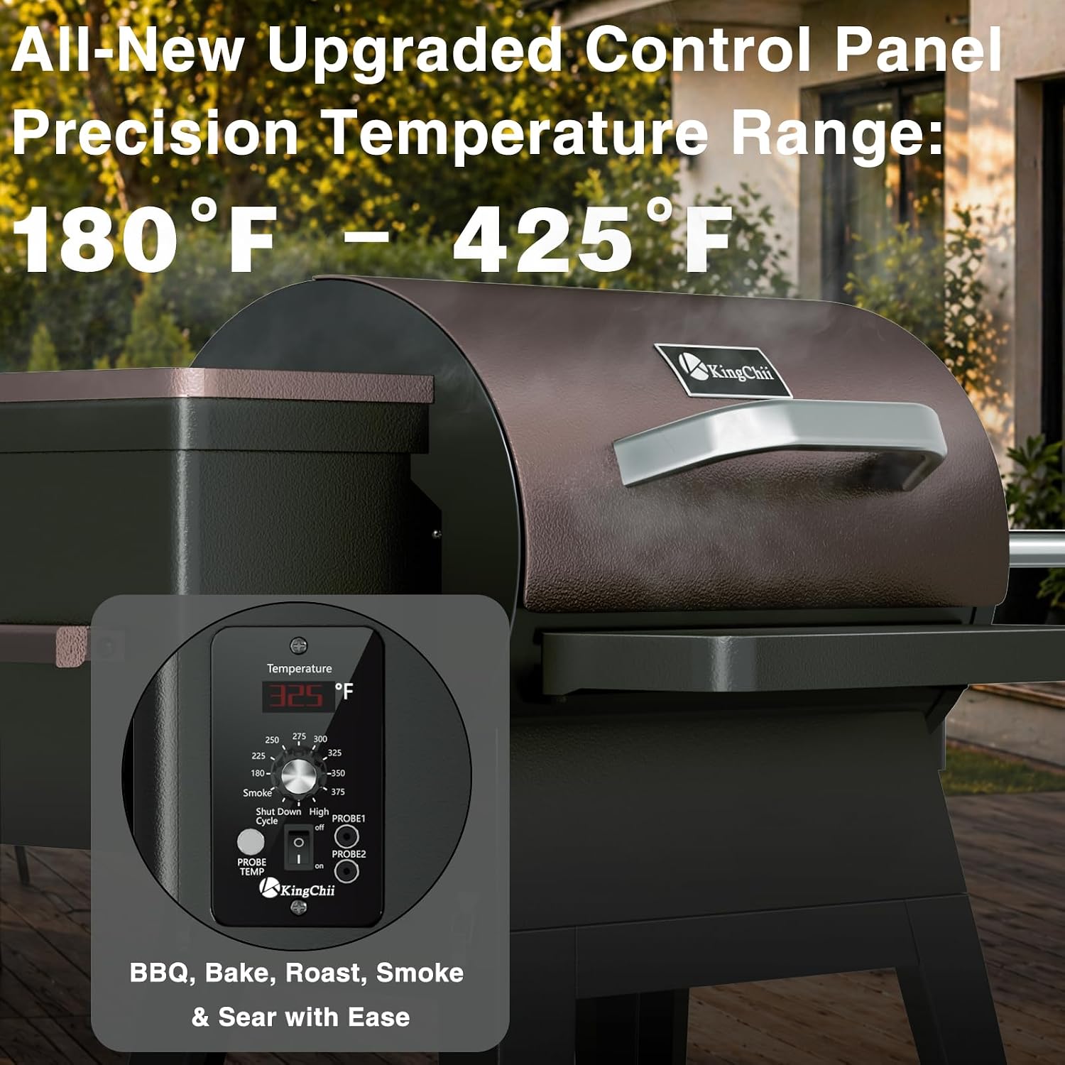 KingChii Electric Wood Pellet Grill & Smoker with Side Shelf, 456 SQ.IN Grill Capacity, with PID Temperature Control (180-425°F) for Backyard Camping Bake and Roast, Black