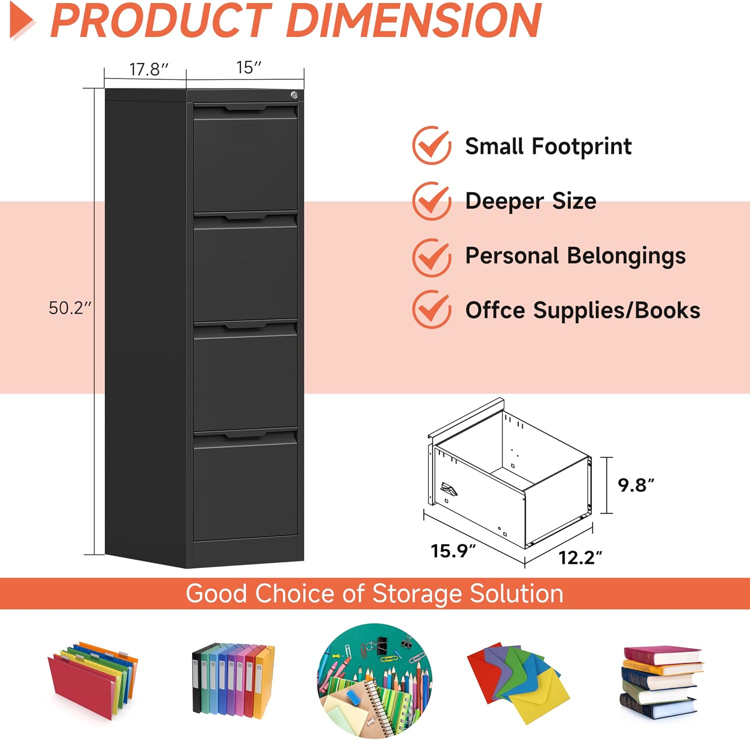 3 Drawer File Cabinet with Lock,Vertical Filing Cabinets for Home Office,Heavy Duty Metal File Cabinet for Hanging A4/Letter/Legal Size File,Vertical File Cabinet 15" W X 17.8" D X 38.3" H-Black