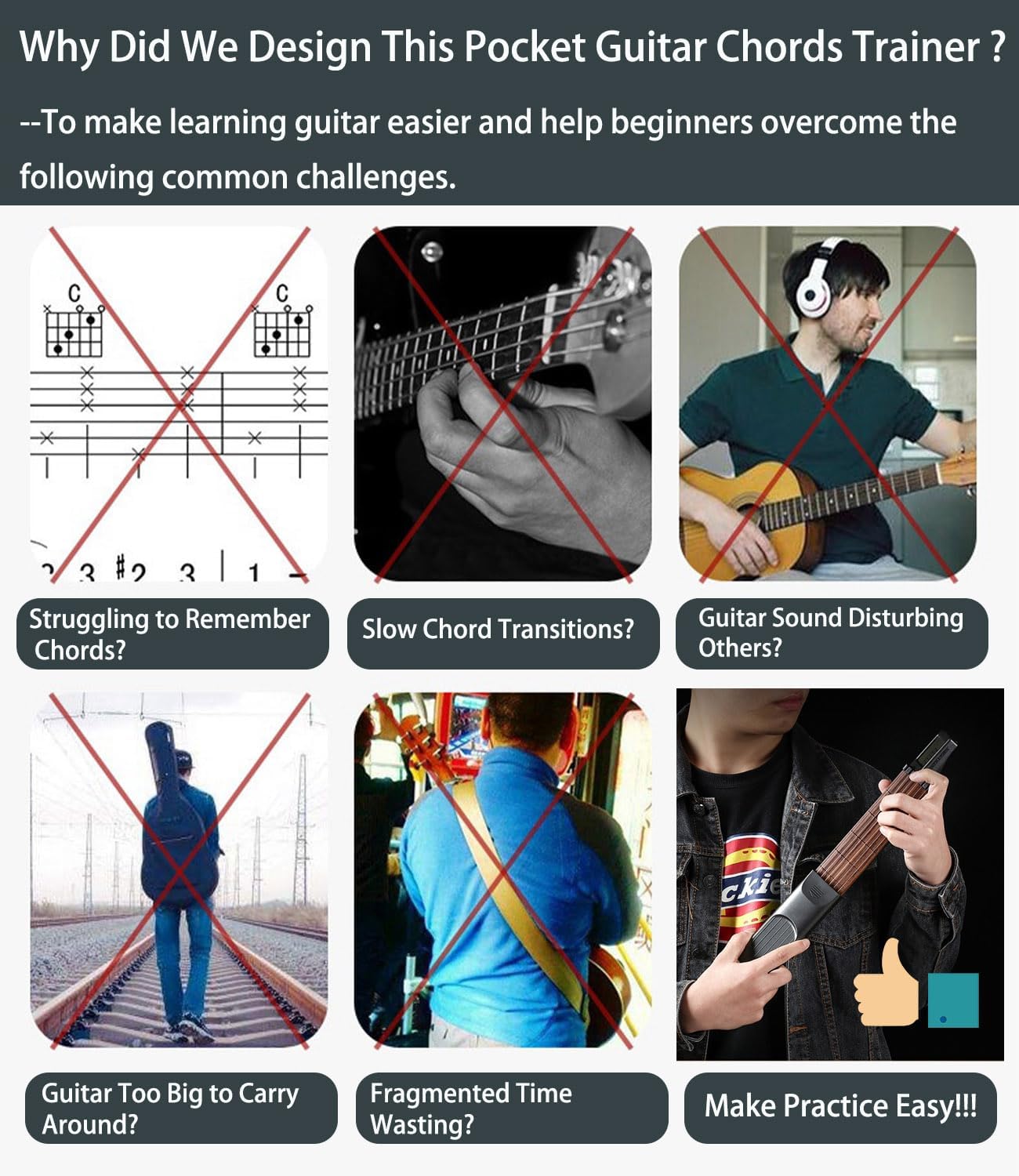 Pocket Guitar Chord Practice Tool, Portable Guitar Neck for Trainer Beginner w/a Rotatable Chords Chart Screen Battery Included