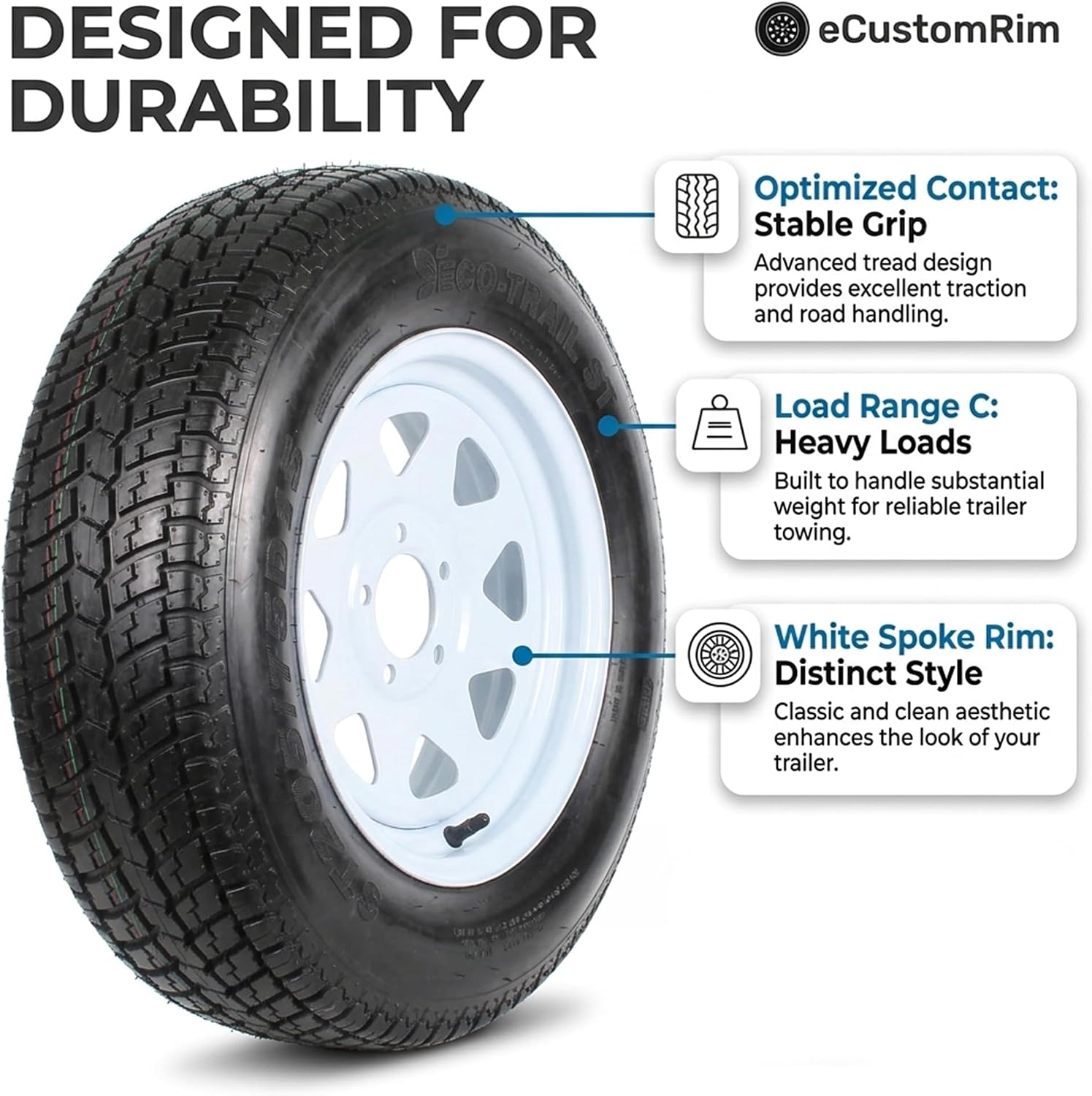 eCustomrim 2-Pack Trailer Tire Rim Assembly ST205/75D15 15 Inch 5 Lug White | Load Range C 6 Ply F78-15 Tire, 5 Bolt On 4.5 Inch Center Steel Wheel