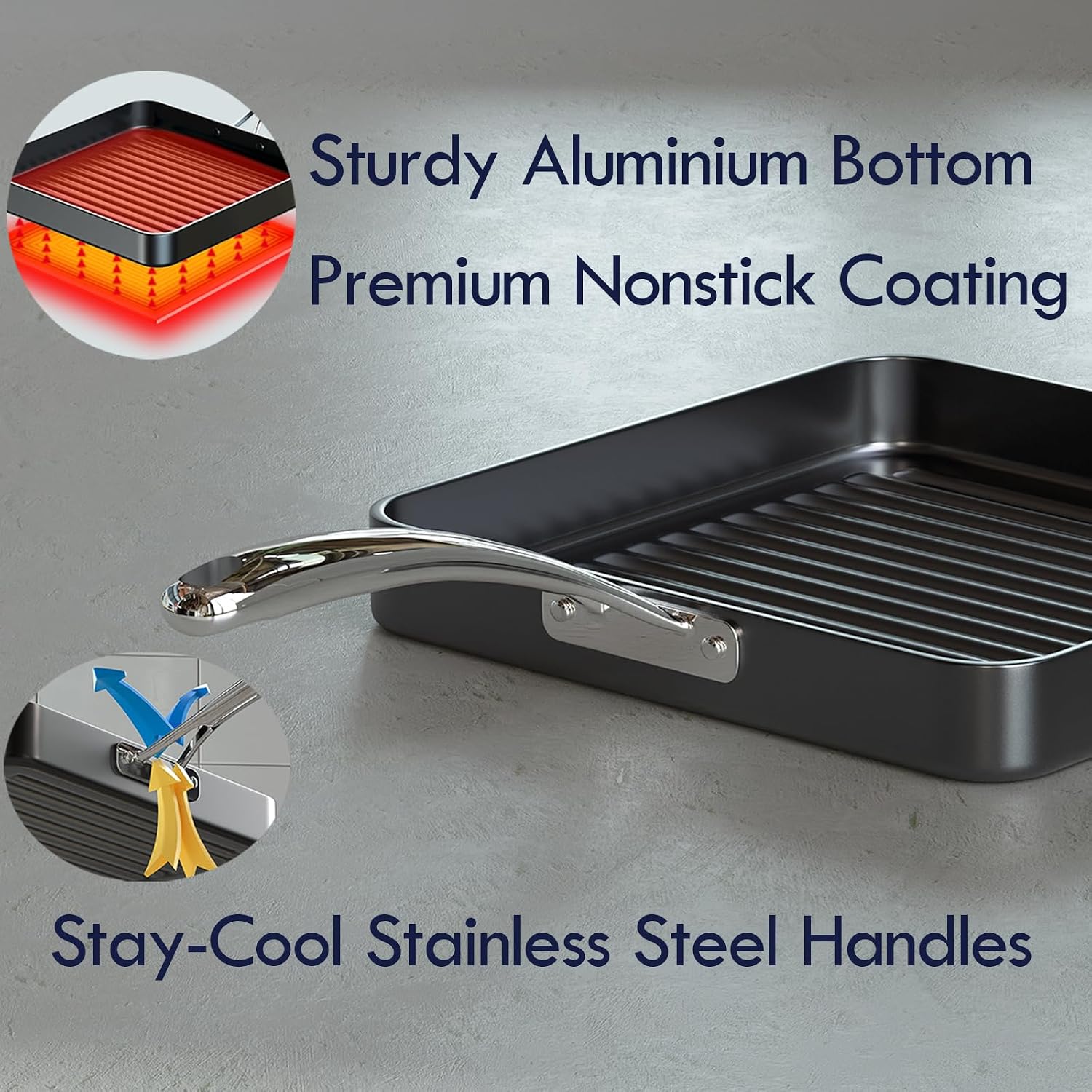 Cooks Standard 11-Inch Square Nonstick Grill Pan for Stovetop | Hard Anodized Grilling Pan for Indoor & Outdoor, Ribbed Surface, Stay-cool handle