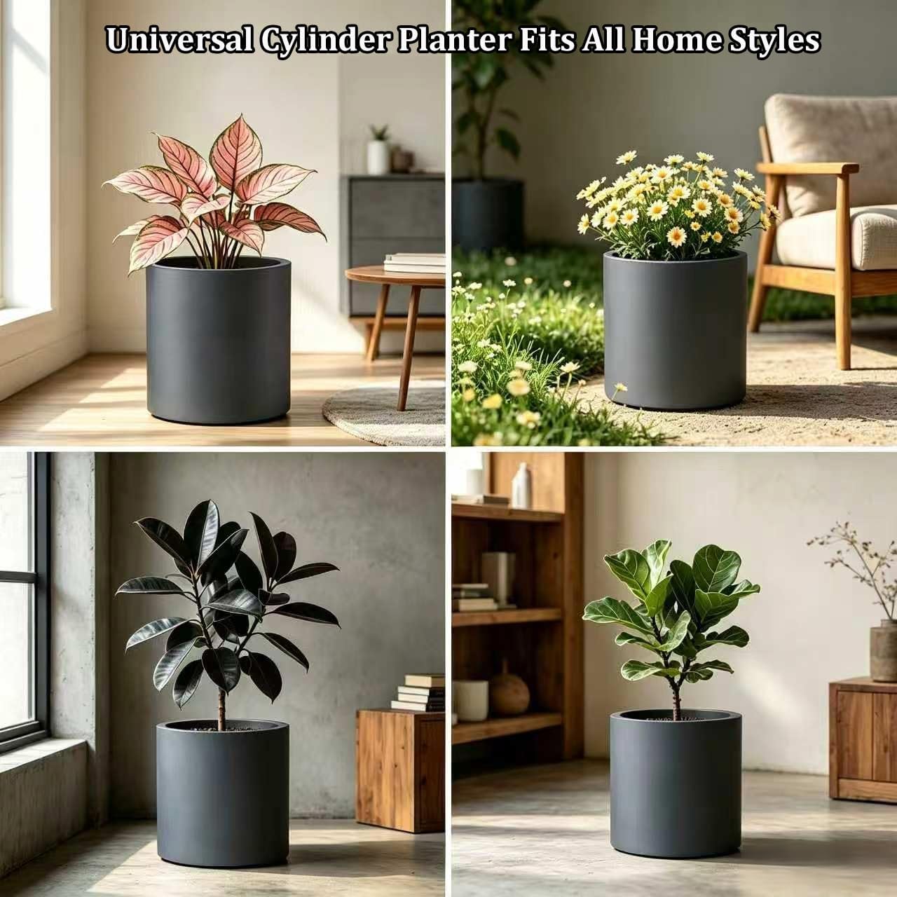 Kante Large Round Cylinder Charcoal Concrete Planter 15.8" Tall, Outdoor