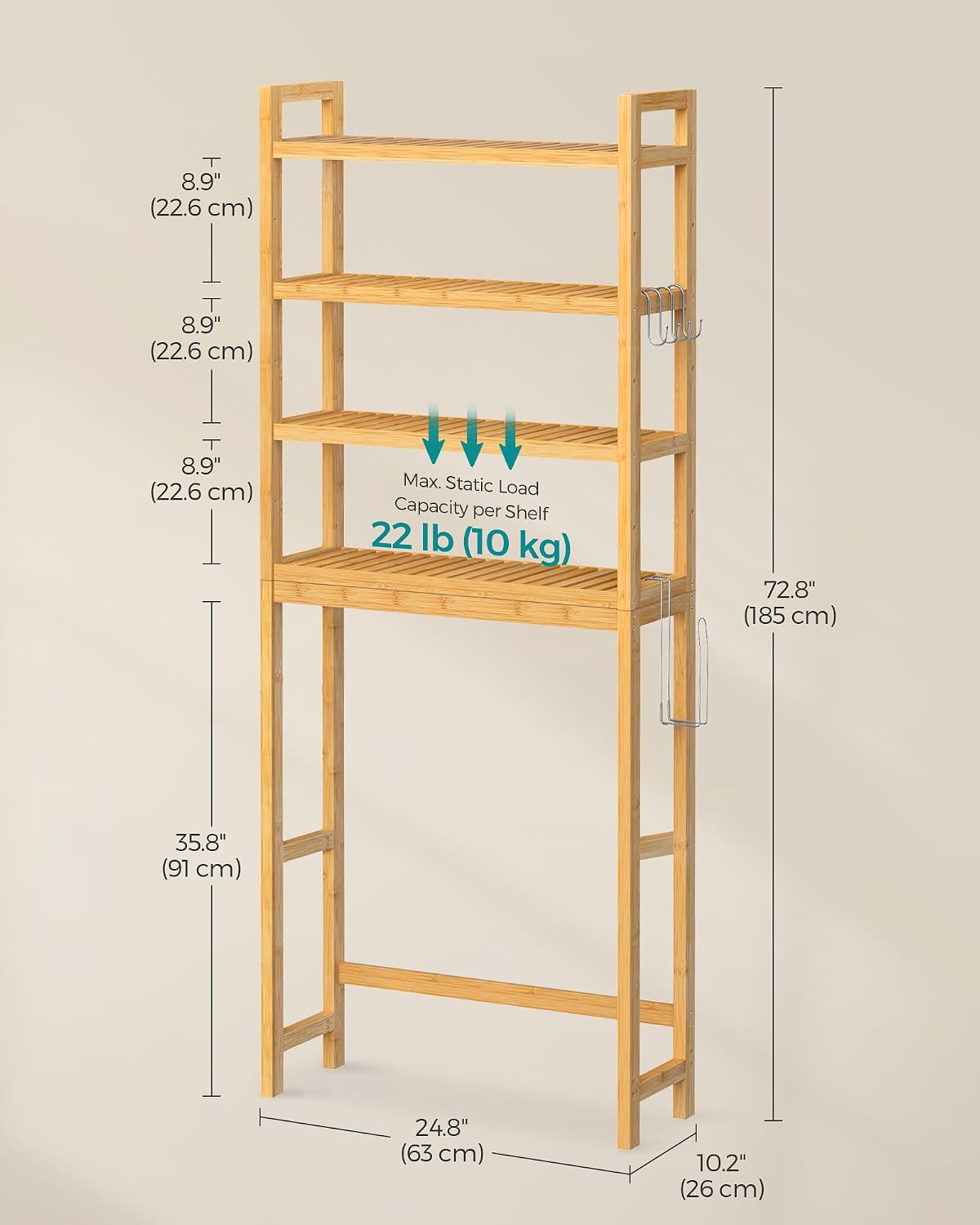 SONGMICS Over The Toilet Storage, 3-Tier Over Toilet Bathroom Organizer with Adjustable Shelf, 10.2 x 24.8 x 66.9 Inches, Space-Saving, Cloud White UBTS01WT