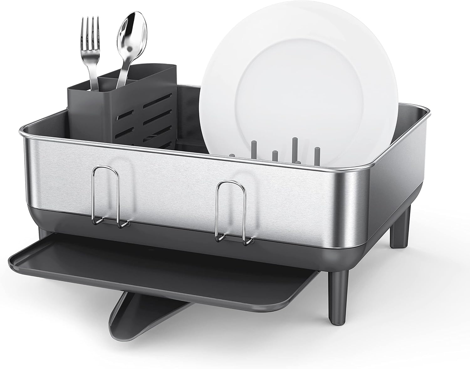 simplehuman Steel Frame Dishrack, Large Capacity Dish Drying Rack, 360º Easy Drain Swivel Spout, Utensil & Wine Glass Holder, Anti-Residue Coating