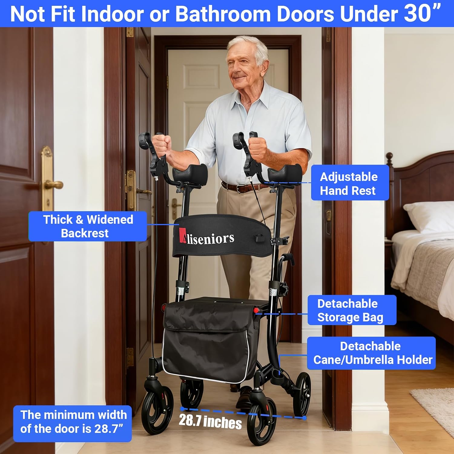 Aliseniors Upright Walker for Seniors - Big Stand Up Walker with Wide Seat, Foldable 4 Wheel All-Terrain Rolling Walker, Adjustable Armrests, 300lbs, Improves Posture & Reduces Back Strain | 20.6" Wide Seat, Foldable Rollator, 8" All-Terrain Wheels, Adju…