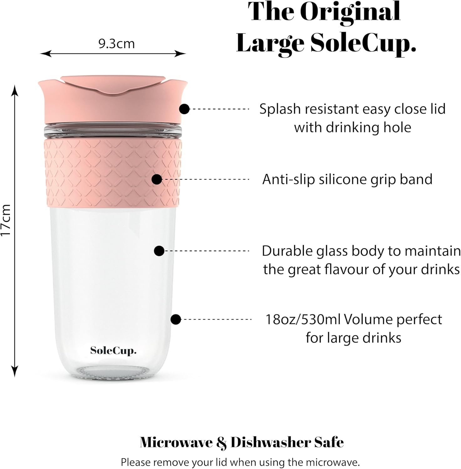 Large Travel Mug - Reusable Glass Coffee Mug - 18oz/530ml BPA-Free Hot Drink Travel Mug with Lid & Silicone Band (Black, 18oz)