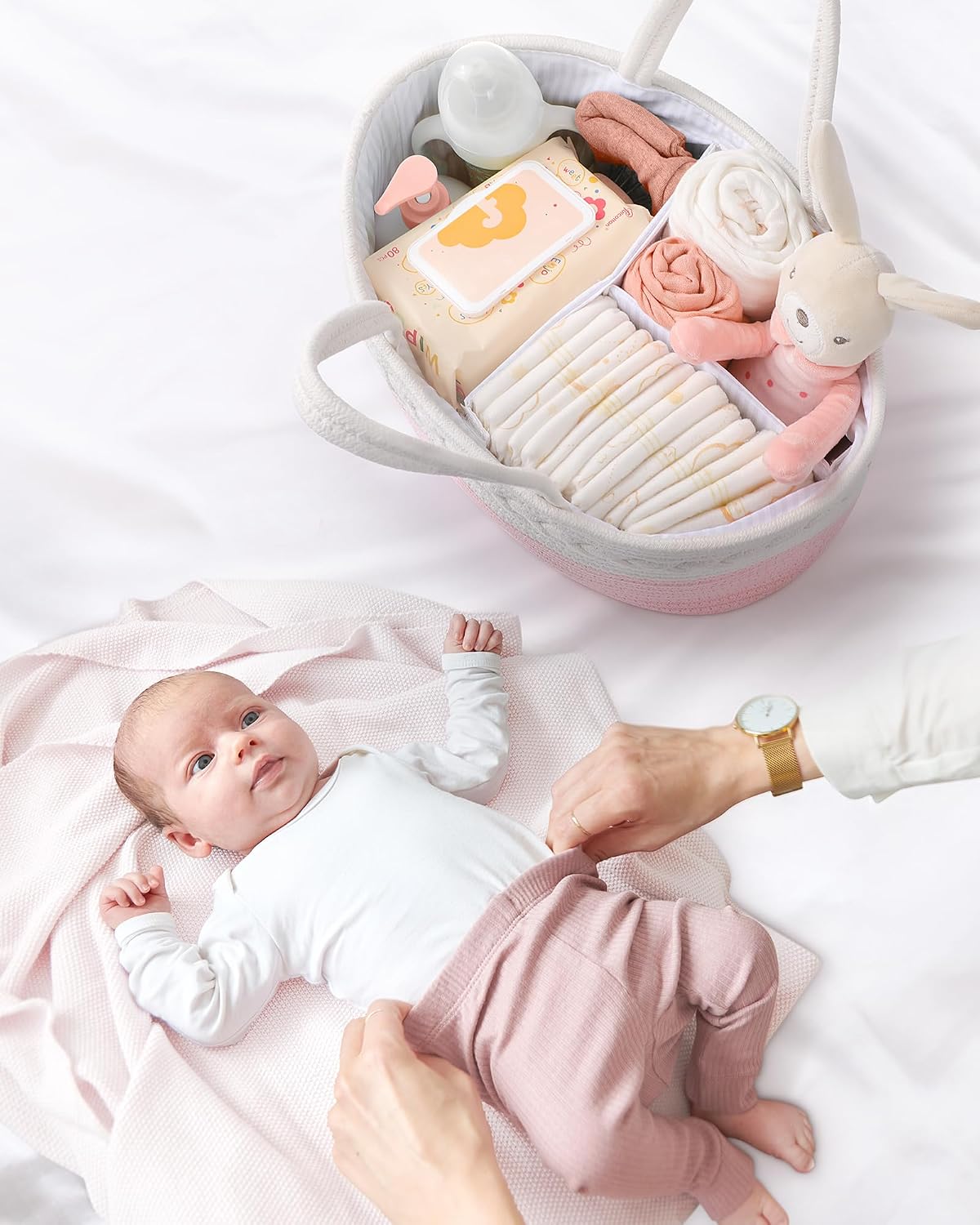 Maliton Diaper Caddy Organizer for Baby, Cotton Rope Baby Gift Basket, Portable Diaper Organizer for changing table, Nursery Storage Organizer