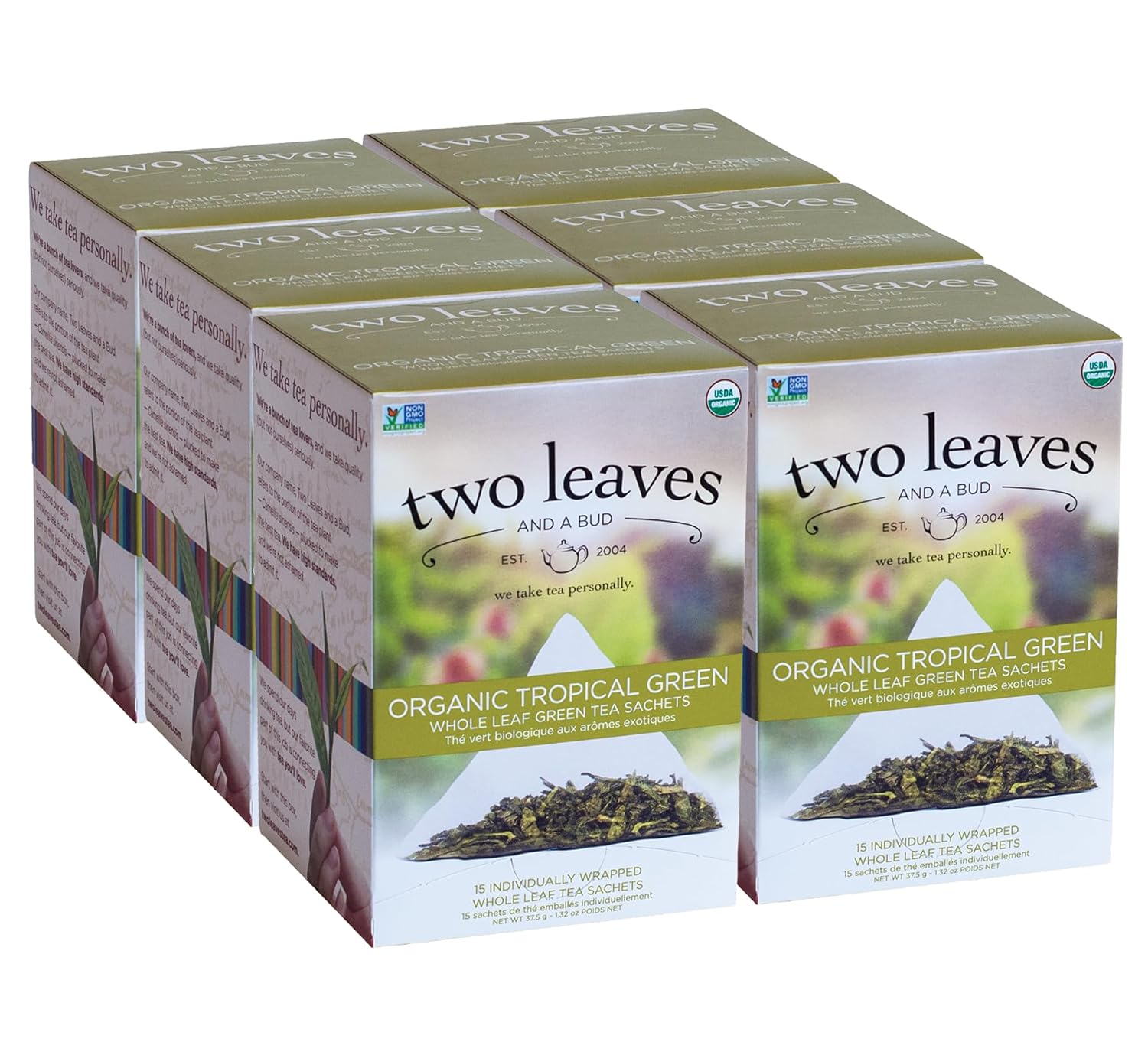 Two Leaves and a Bud Organic Tropical Green Tea, 15 Count (Pack of 1) | Whole Leaf Green Tea in Pyramid Sachets, Sencha Green Tea