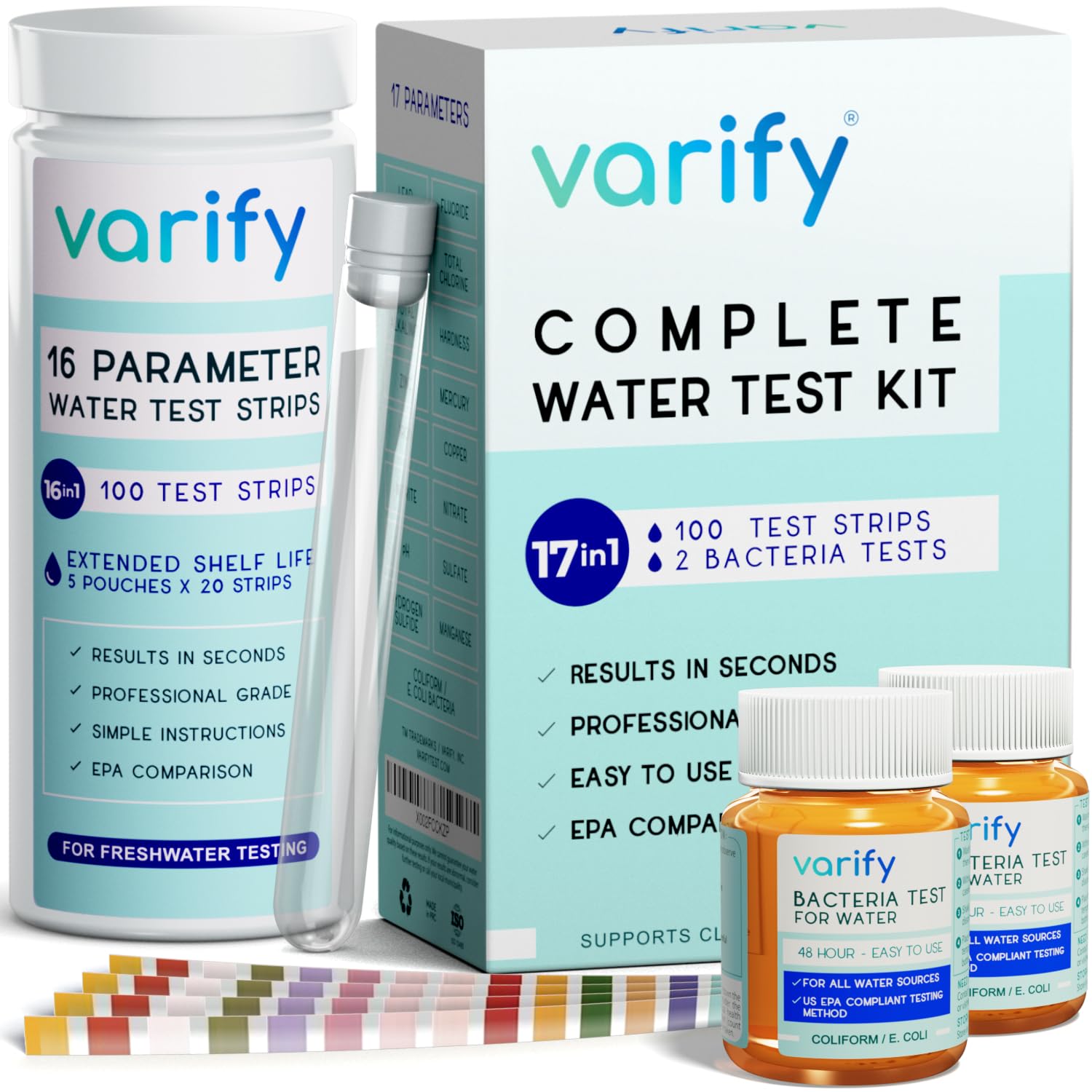 Varify 17in1 Complete Drinking Water Test Kit - 100 Strips + 2 Bacteria Tester Kits - Well, Tap, Home, City Water Testing Strip for Lead, Alkaline