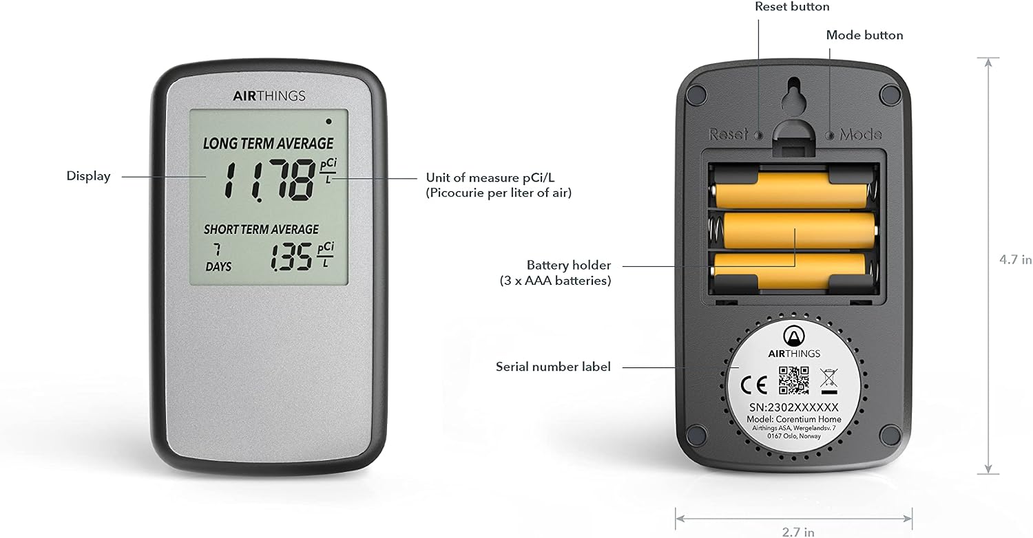 Airthings Corentium Home Radon Detector 223 Portable, Lightweight, Easy-to-Use, (3) AAA Battery Operated, USA Version, pCi/L