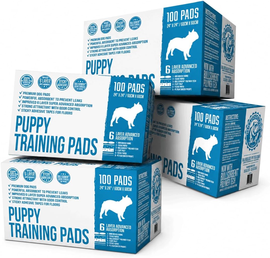 Bulldogology Puppy Training Pads - Pee Pads with Adhesive Sticky Tape (24x24) Large Dog Training Wee Pads with 6 Layer Extra Quick Dry Bullsorbent Polymer Tech (100-Count, White)
