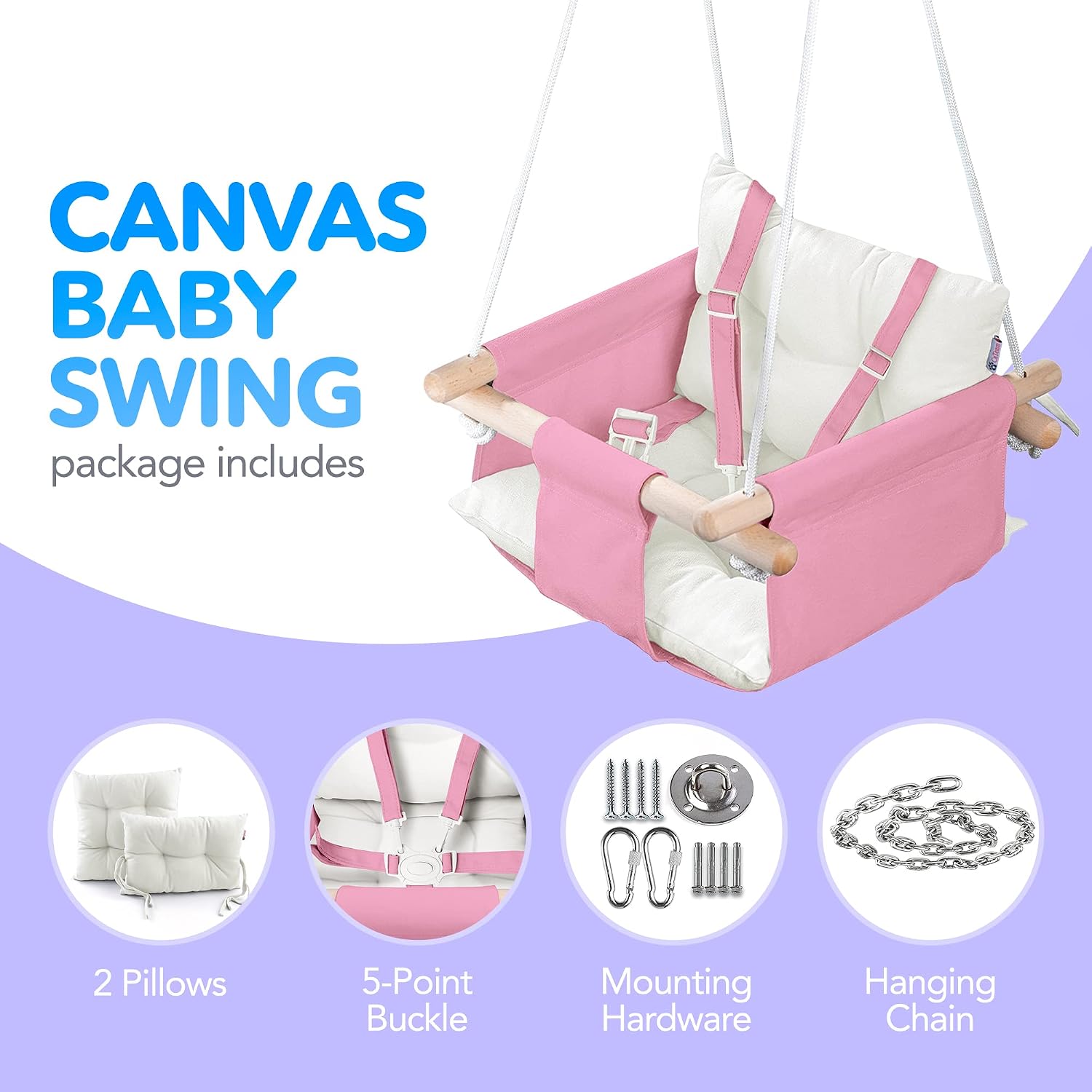 CaTeam Canvas Baby Swing Seat with 5-Point Safety Belt — Wooden Hanging Toddler Swing, Indoor & Outdoor, Ages 1-4, Ceiling Mount Hardware Included