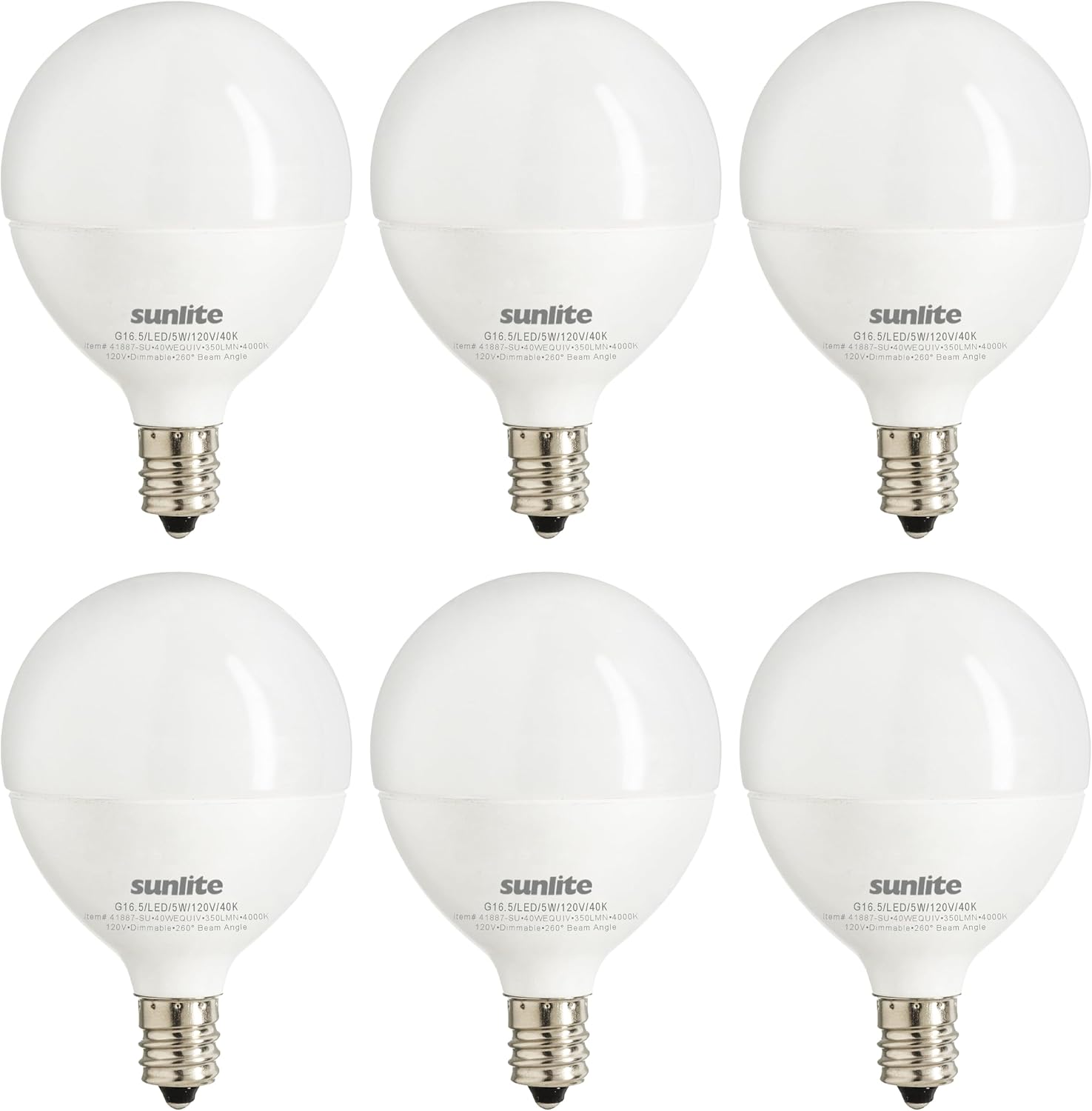 Sunlite G16.5 Light Bulb LED, 5W (40W Equiv.), 350 Lumens, Dimmable, Type G Globe Shape E12 Candelabra Base, Short Bulbs, Vanity Mirror Bulbs, 2700K Soft White, Frosted, 6 Count