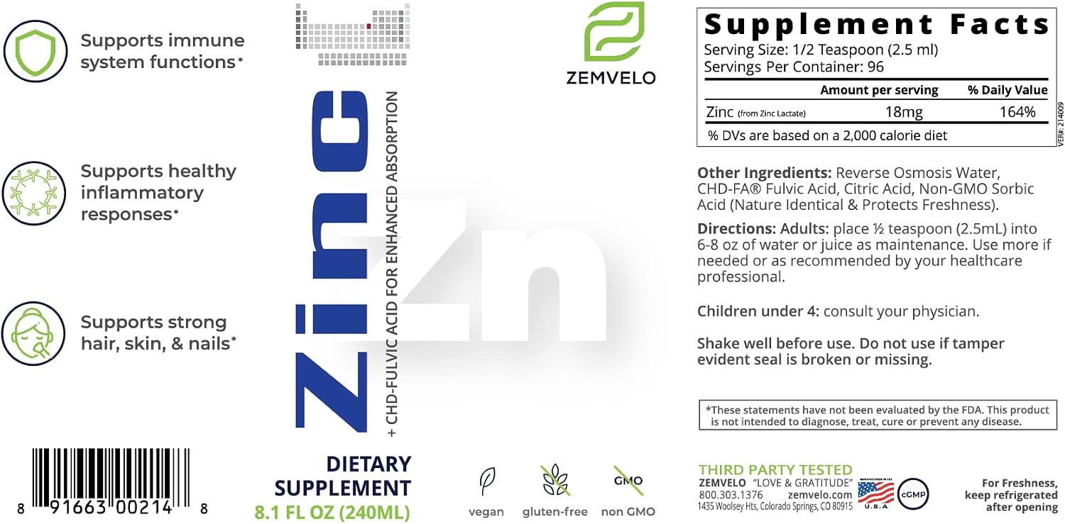 Liquid Ionic Zinc Supplement – Supports Immune Health & Energy Production – Maintains Skin and Cellular Health – 3-Month Supply | Supports