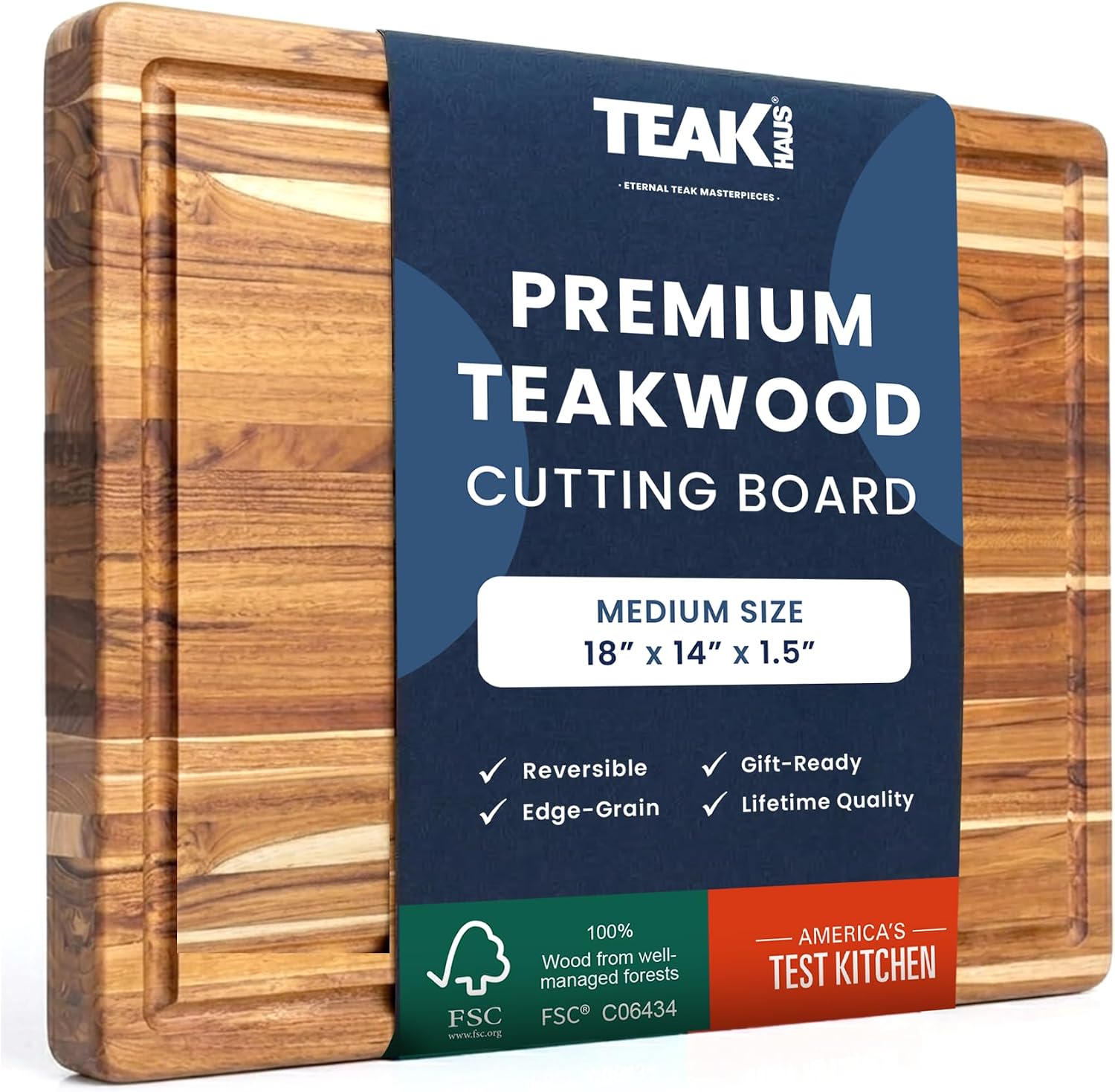 Teakhaus Carving Board with Juice Groove - Large (L) Teak Wood Cutting Board 20”L x 15”W x 1.5” Thick - Sustainably Harvested & FSC Certified - Knife Friendly with Beeswax Oil Finish